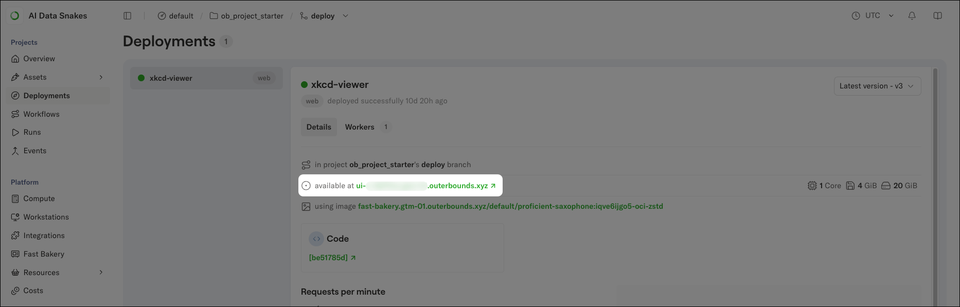 The Deployments view showing the xkcd-viewer deployment details, including its status, project branch, and the 'available at' link to open the viewer