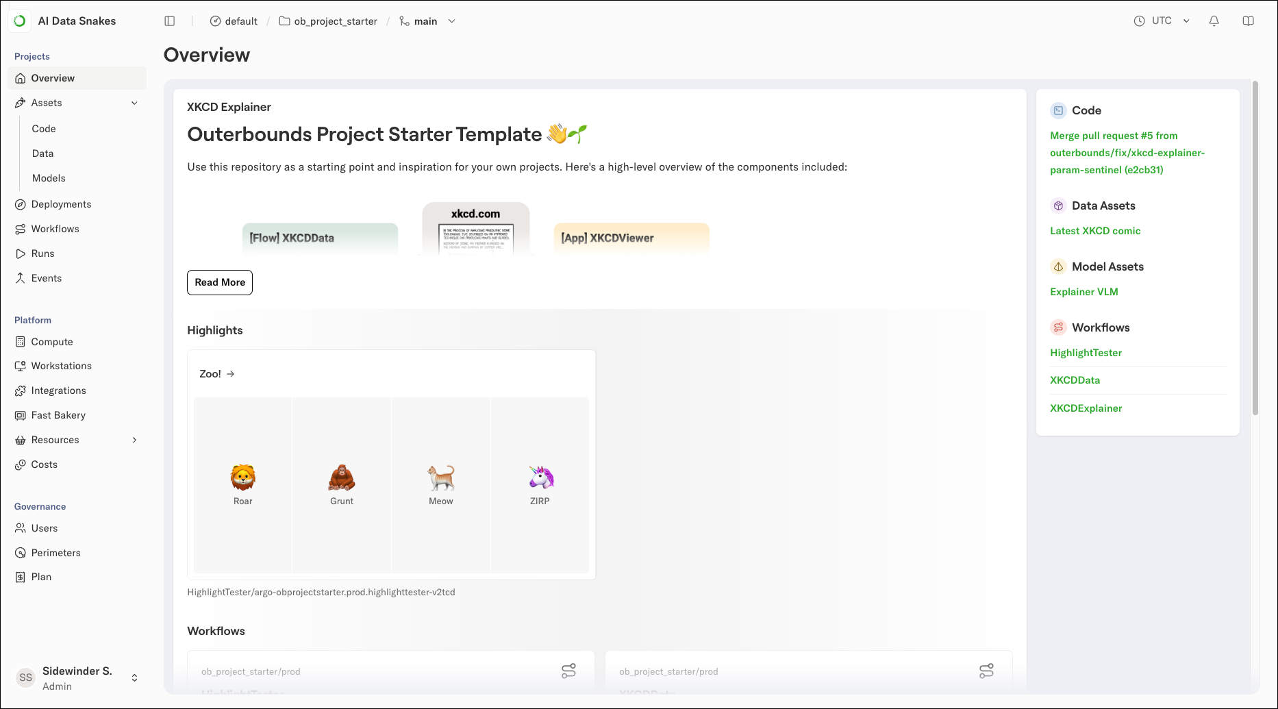 The project overview page showing the Zoo highlight card with animal emojis, alongside the Code, Data Assets, Model Assets, and Workflows panels