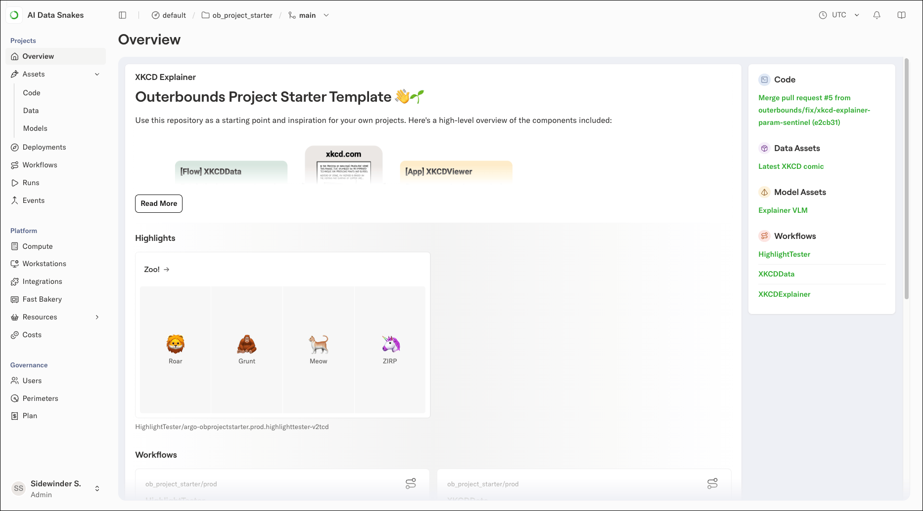The project overview page showing the Zoo highlight card with animal emojis, alongside the Code, Data Assets, Model Assets, and Workflows panels