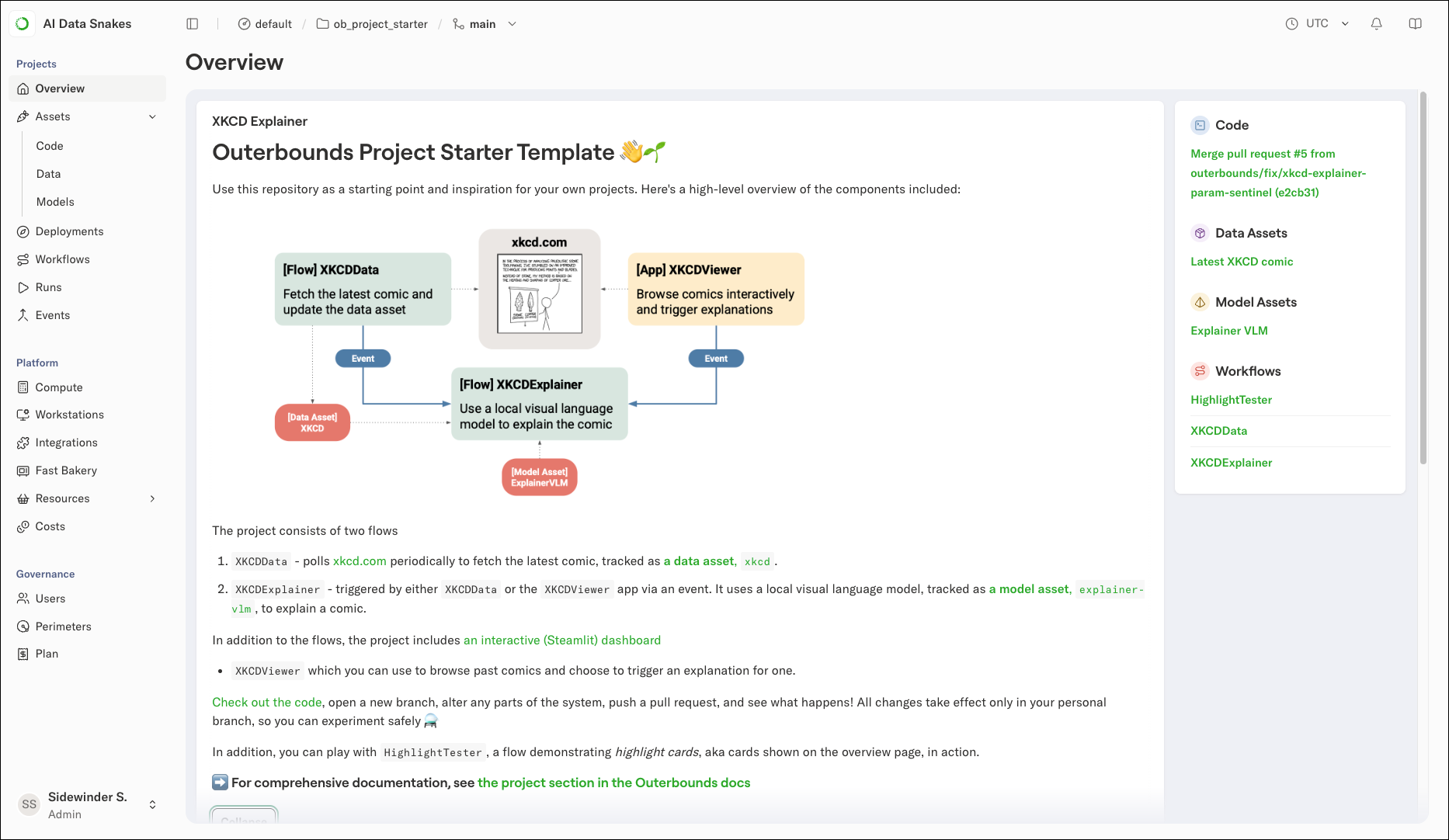 The example project overview page on the platform showing workflows, deployments, and assets