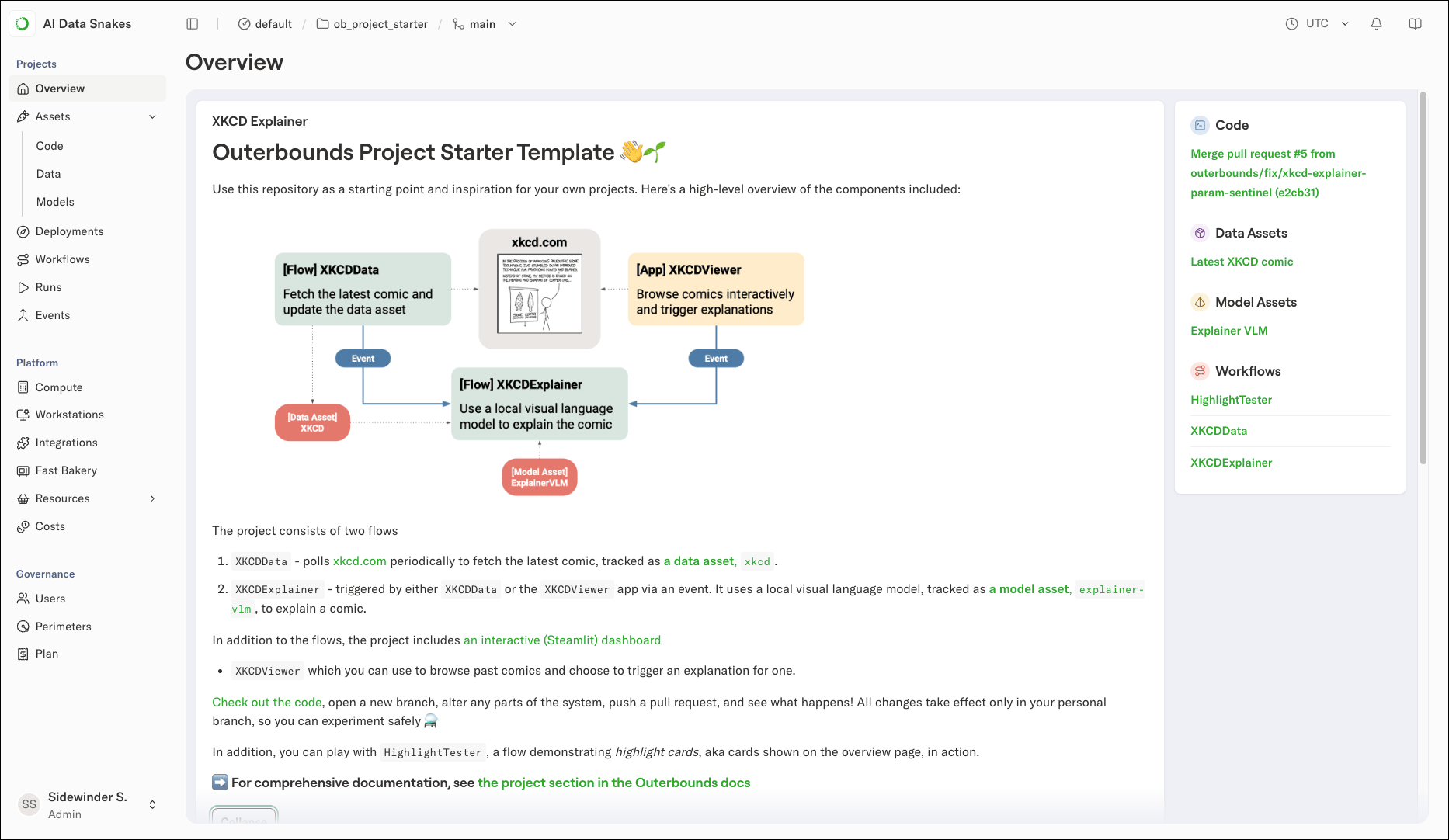 The example project overview page on the platform showing workflows, deployments, and assets