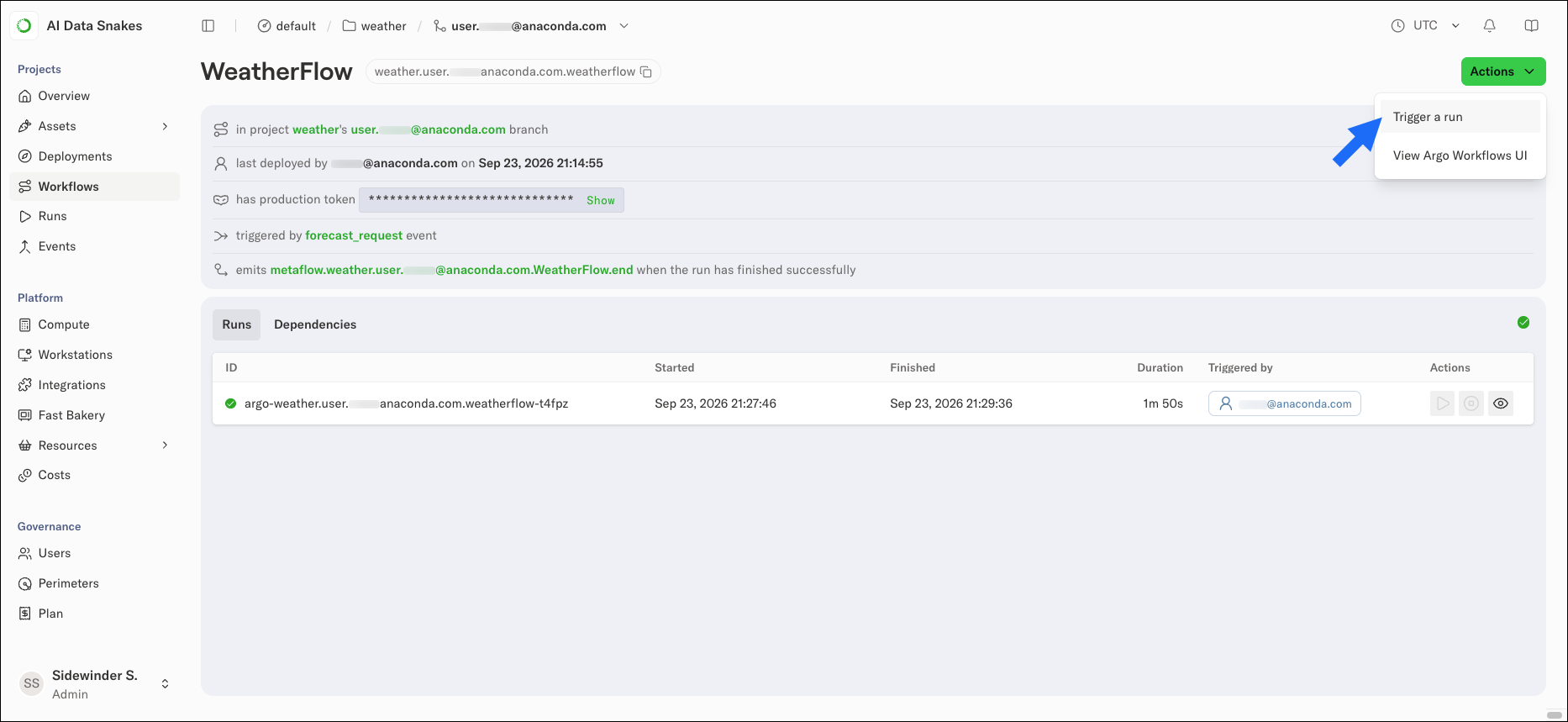 The workflow detail page with the Actions dropdown open, showing Trigger a run as the first option