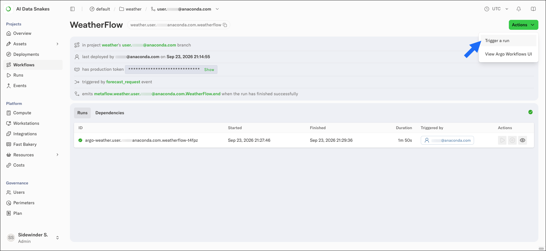 The workflow detail page with the Actions dropdown open, showing Trigger a run as the first option