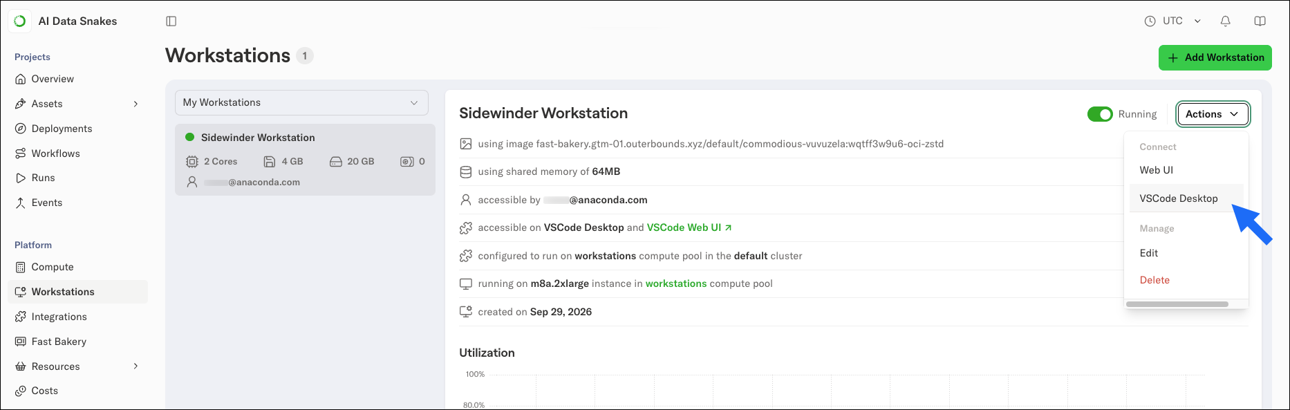 The Workstations page with the Actions menu open, highlighting the VS Code Desktop option