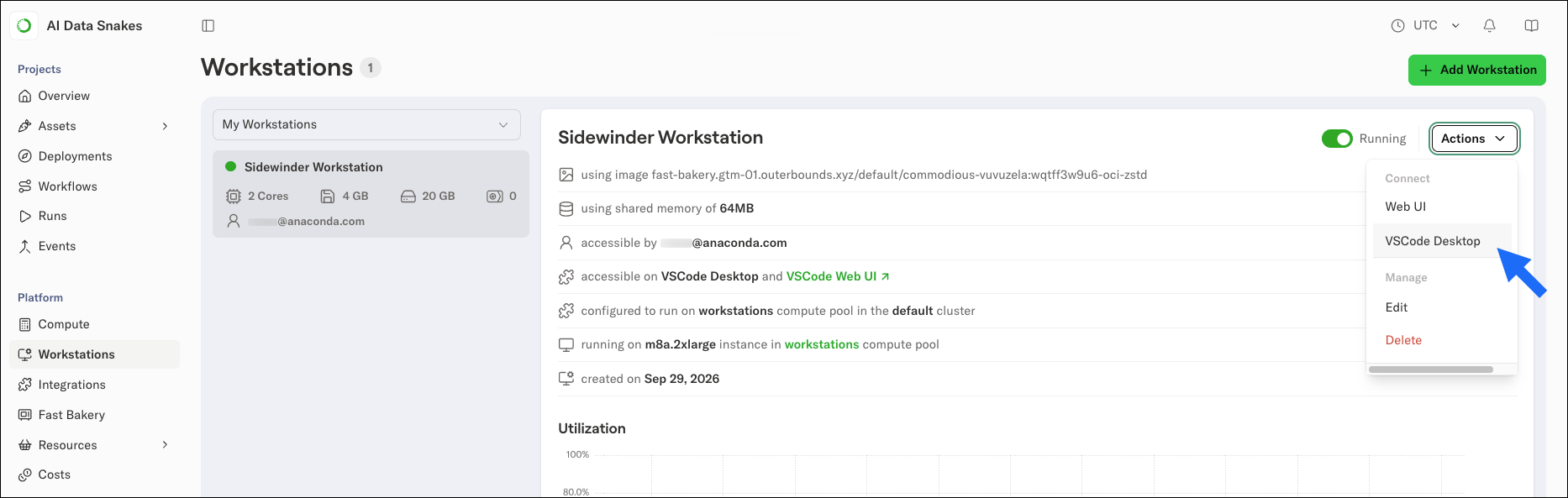 The Workstations page with the Actions menu open, highlighting the VS Code Desktop option