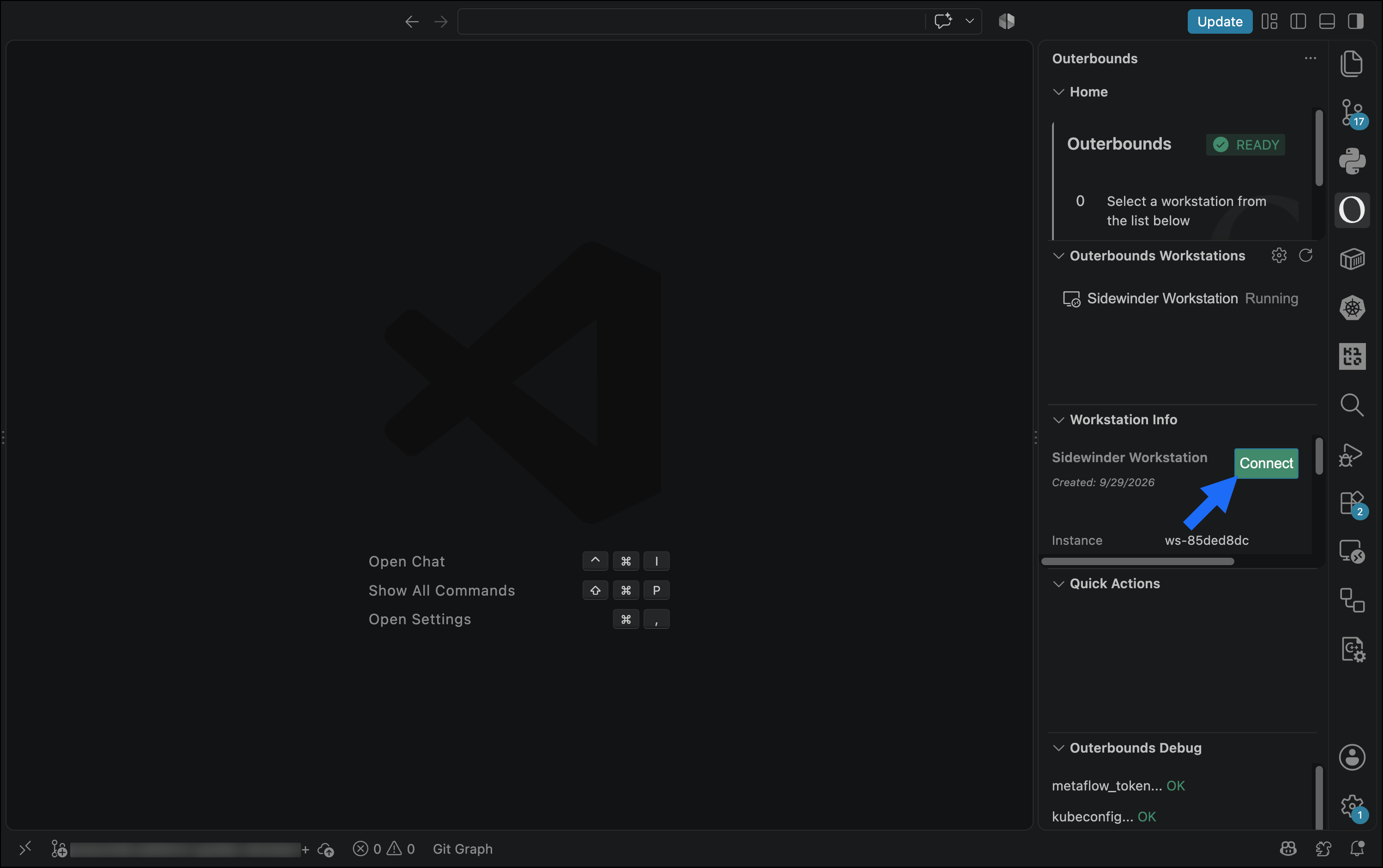 The Outerbounds extension workstation list with the Connect button for a workstation
