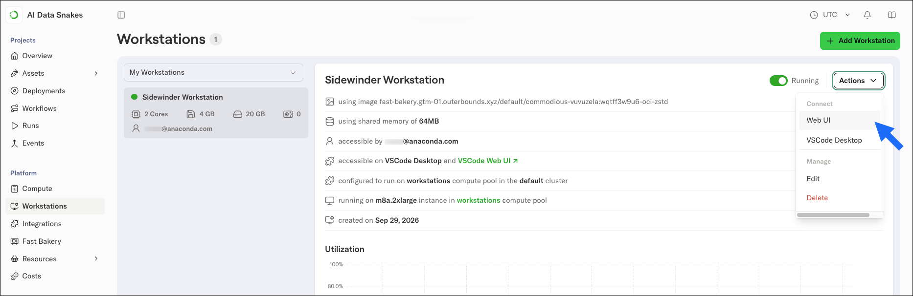 A cloud workstation open in the browser-based web UI
