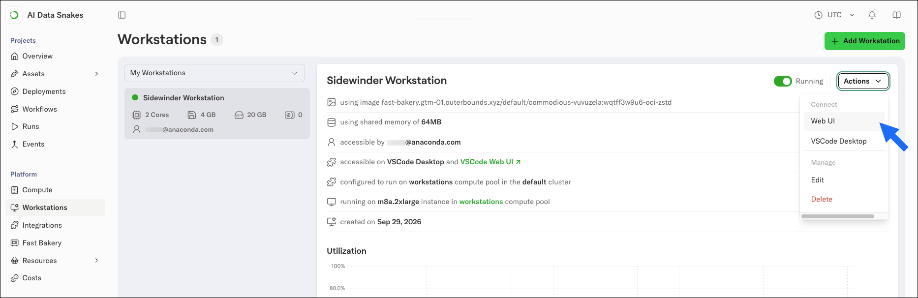 A cloud workstation open in the browser-based web UI