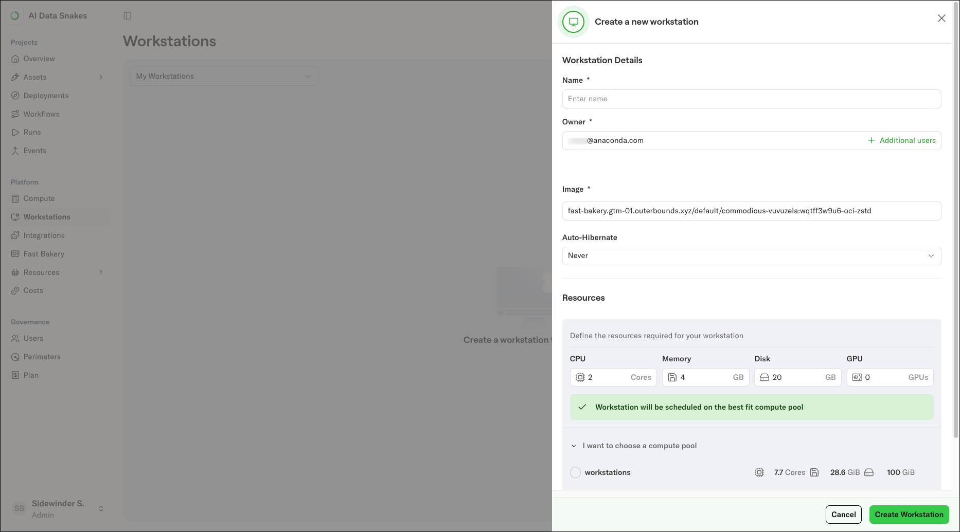 The Create a new workstation dialog showing the Name, Owner, Image, and resource fields