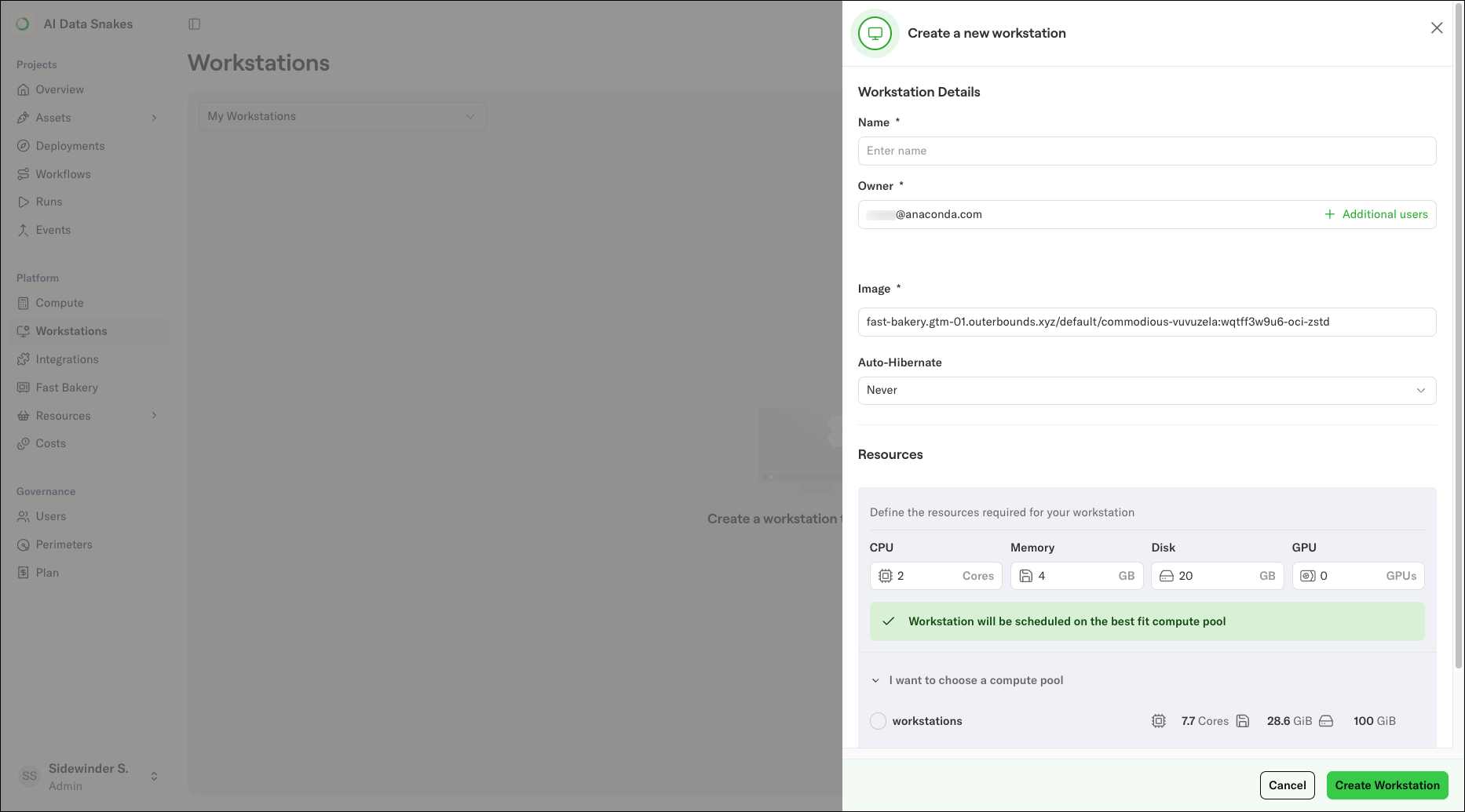 The Create a new workstation dialog showing the Name, Owner, Image, and resource fields