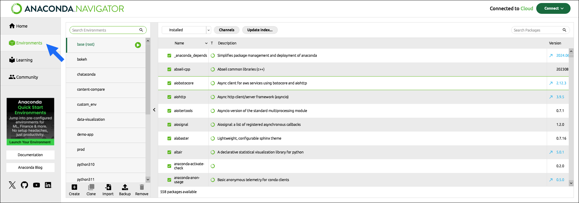 environments page button