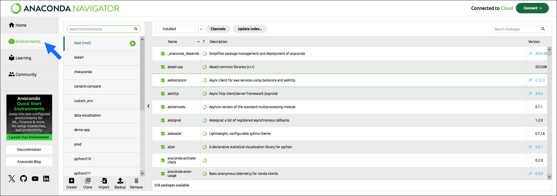 environments page button