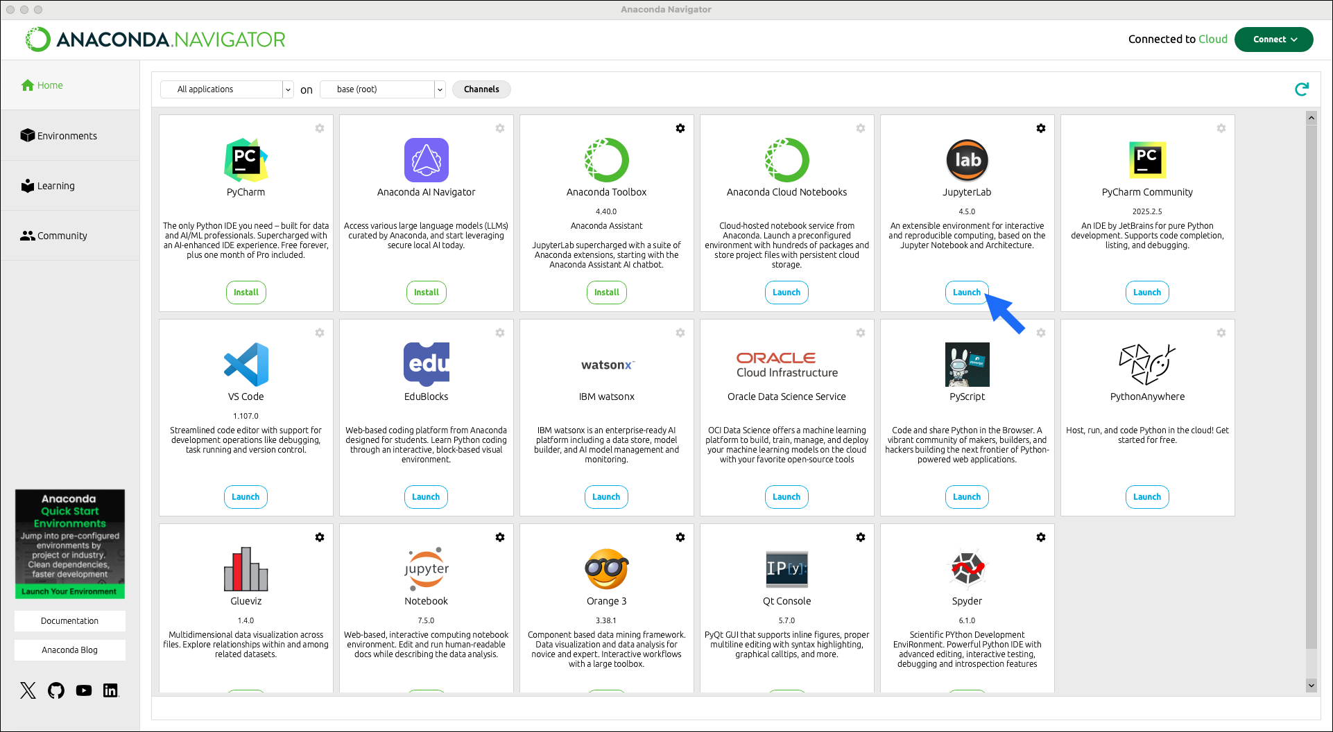 A view of the Anaconda Navigator homepage with an arrow pointing at the Launch button for the JupyterLab tile