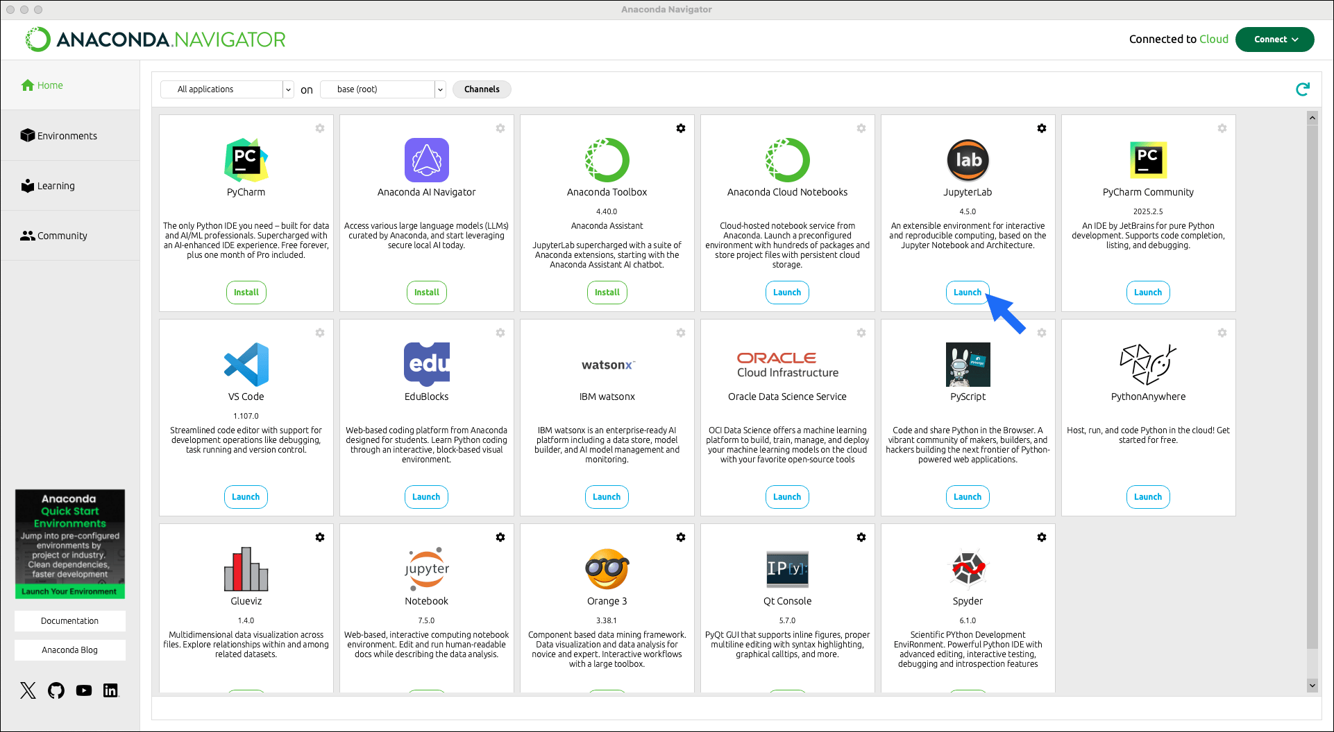 A view of the Anaconda Navigator homepage with an arrow pointing at the Launch button for the JupyterLab tile