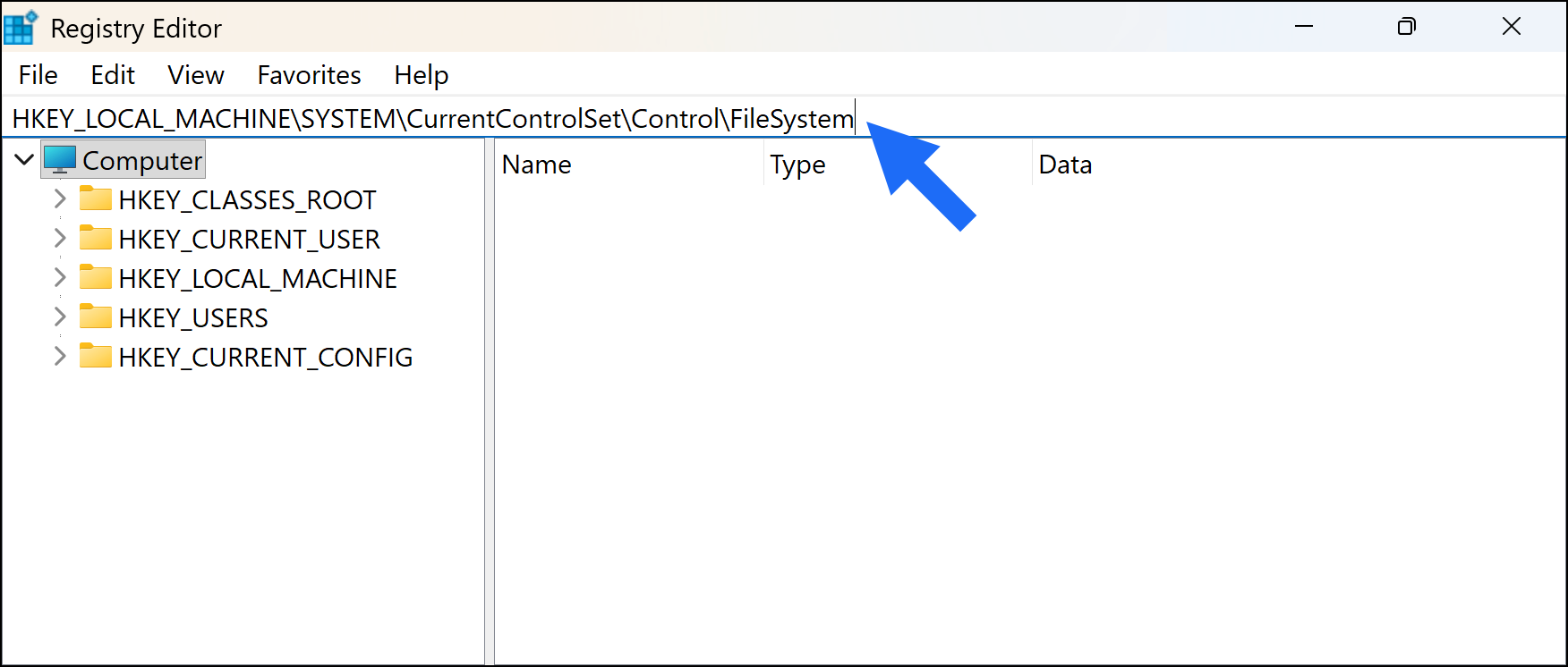Registry Editor window showing the file system settings. The address bar displays HKEY_LOCAL_MACHINE\SYSTEM\CurrentControlSet\Control\FileSystem