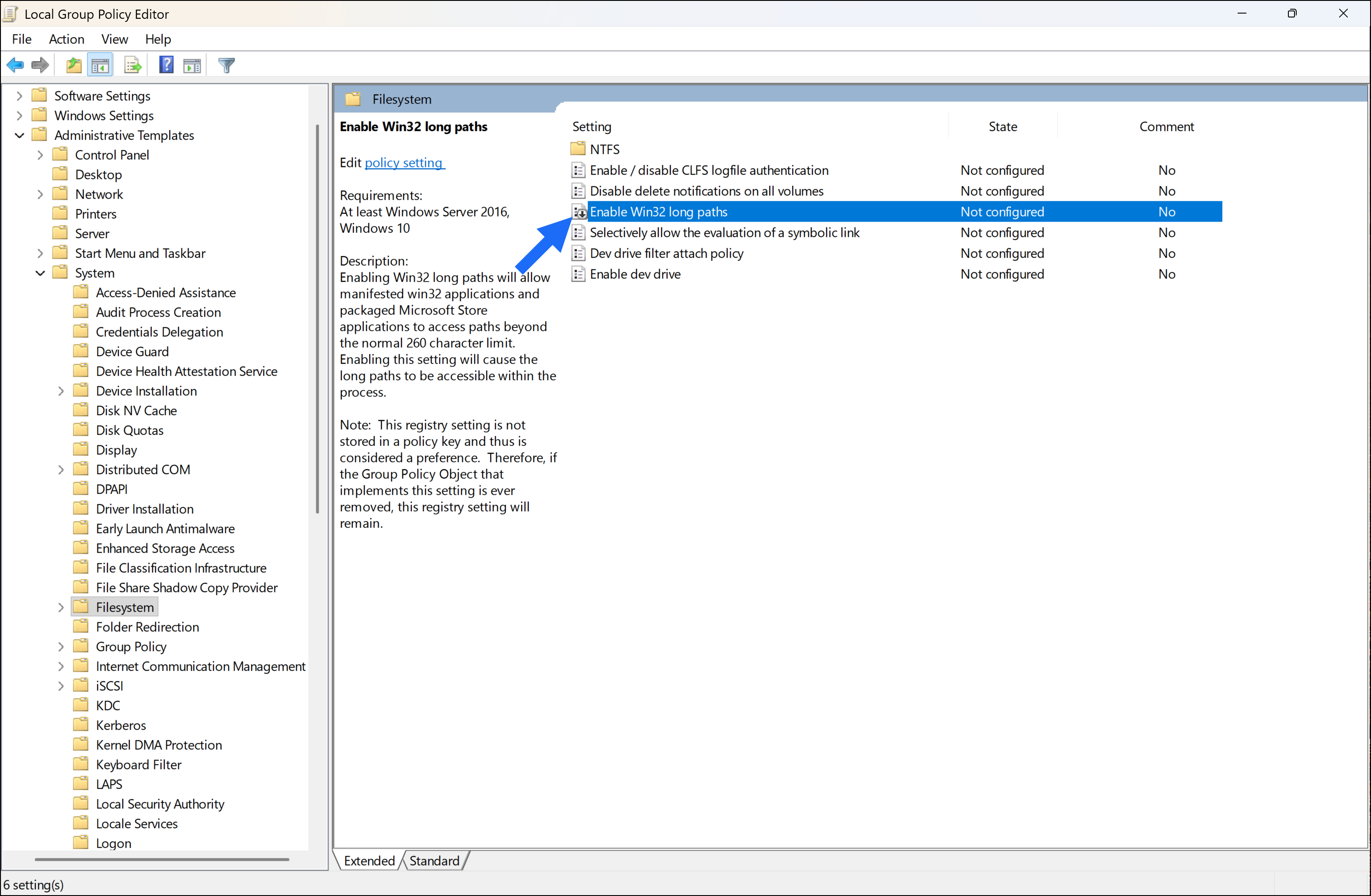 Group Policy Editor showing the Enable Win32 long paths setting inside Filesystem policies