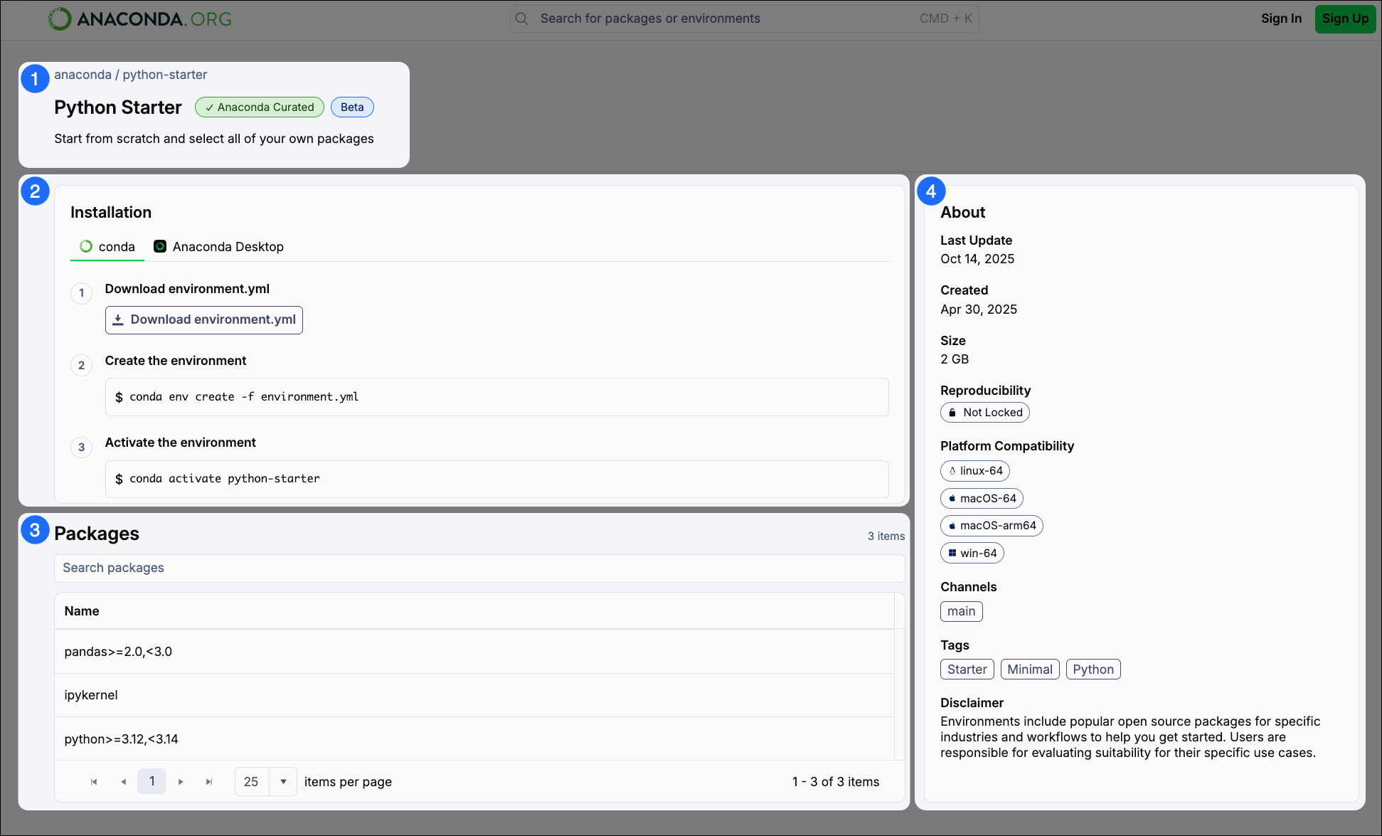 An environment details page on Anaconda.org