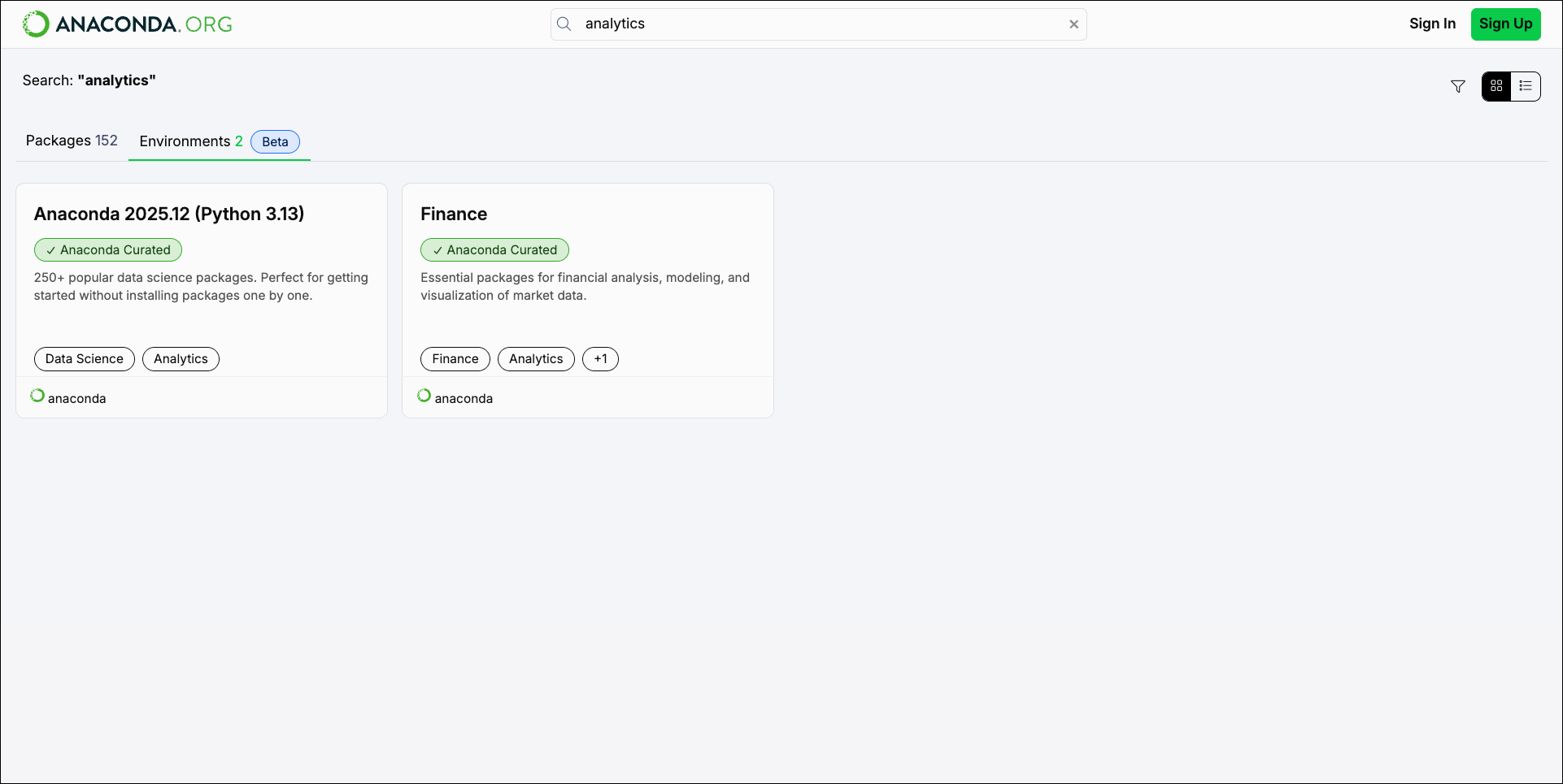 The environment search page on Anaconda.org