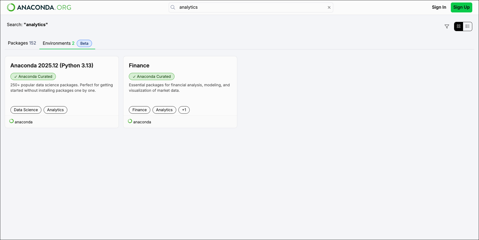 The environment search page on Anaconda.org
