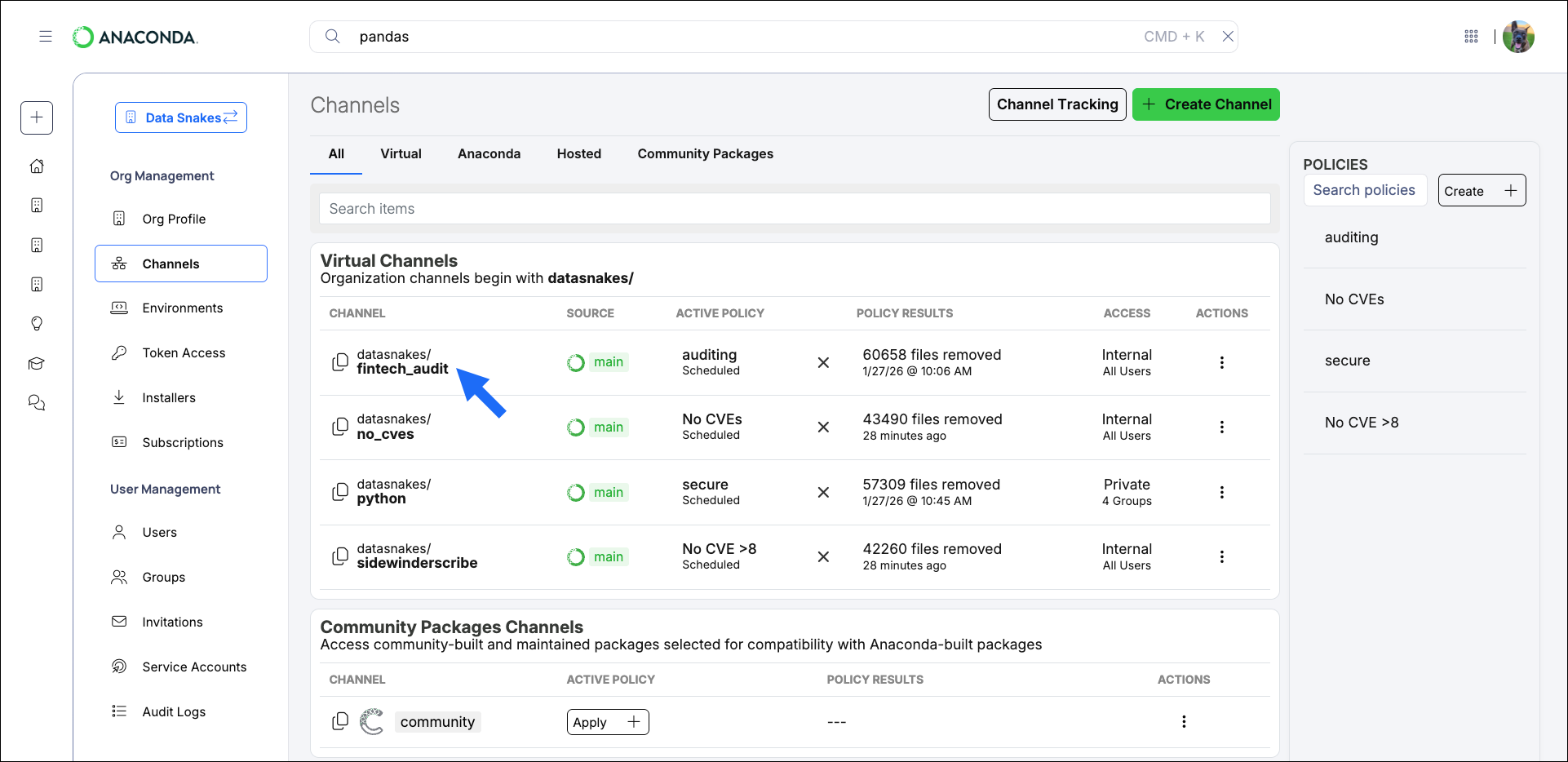 The channel details page with the package list spotlighted