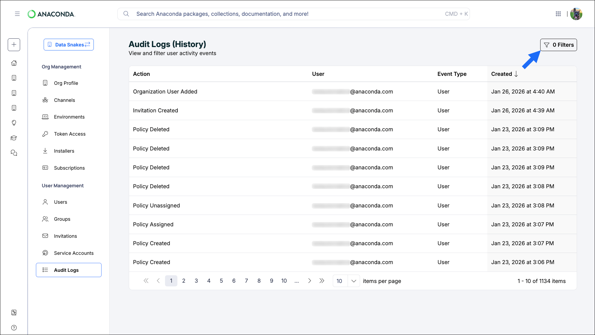 Audit log filter pane