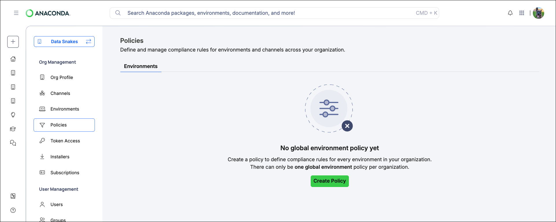 The environment policy creation wizard