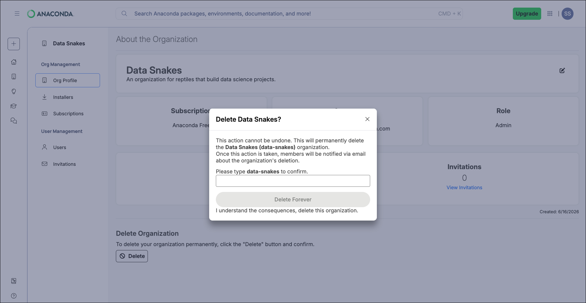 Delete organization confirmation dialog