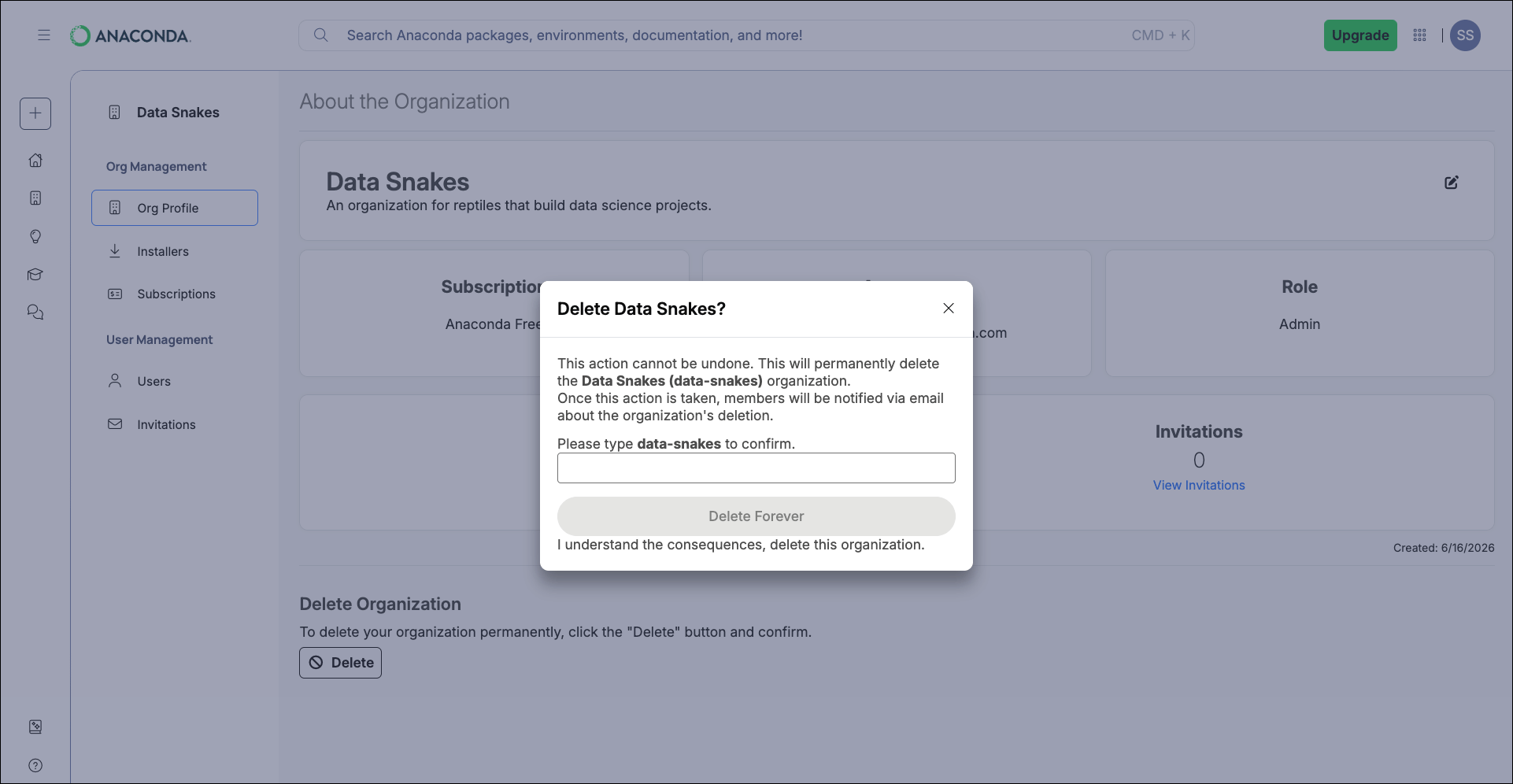 Delete organization confirmation dialog