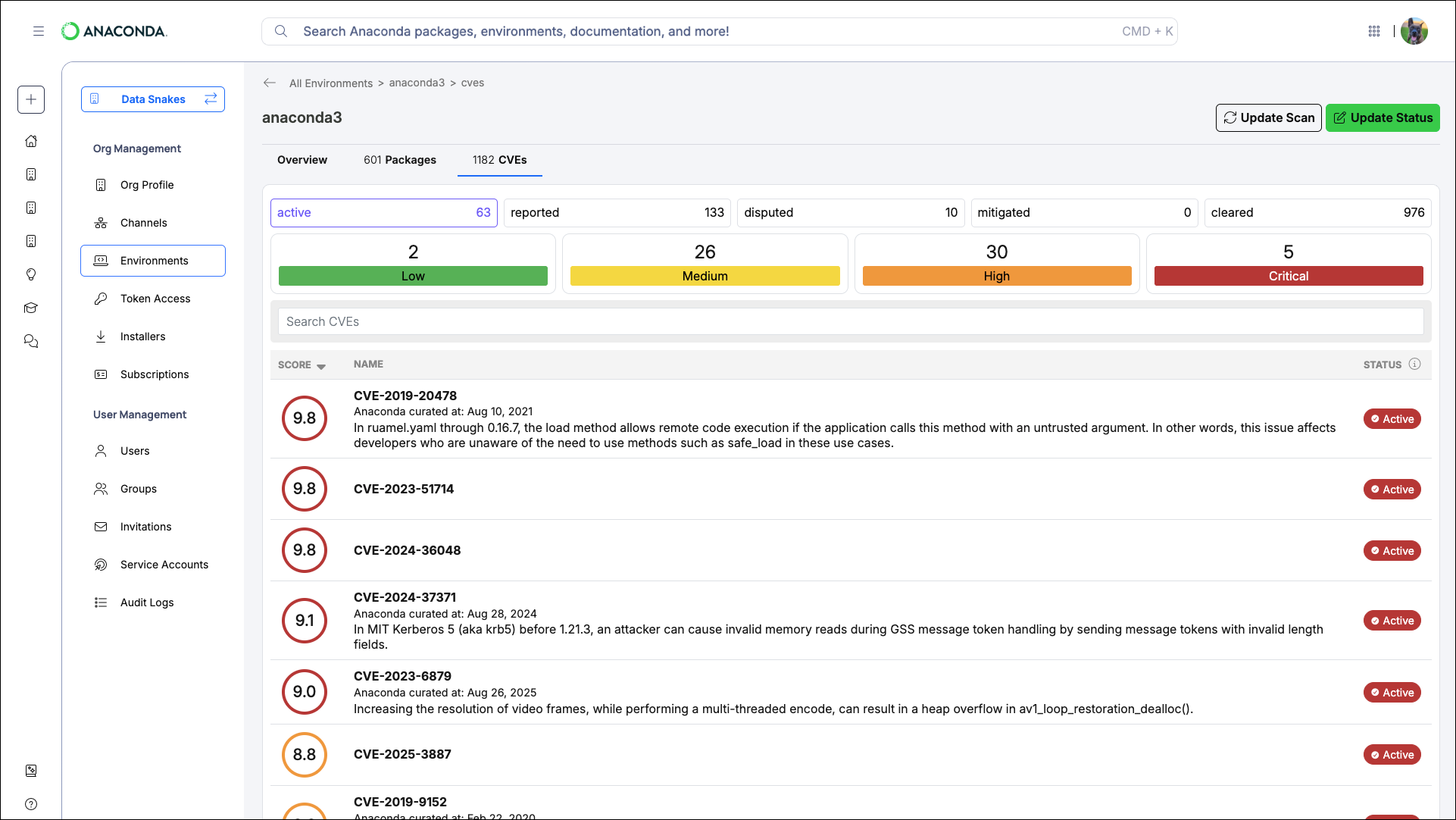 Viewing a logged environment's CVEs