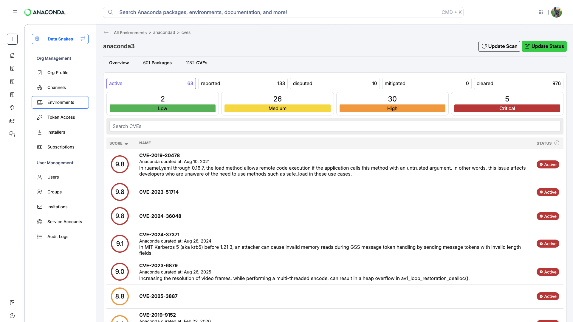 Viewing a logged environment's CVEs