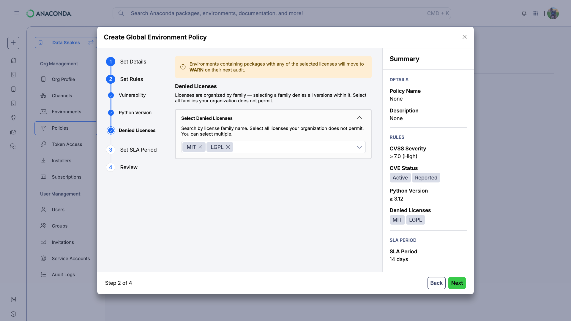 Denied Licenses rule configuration showing the license family multiselect dropdown