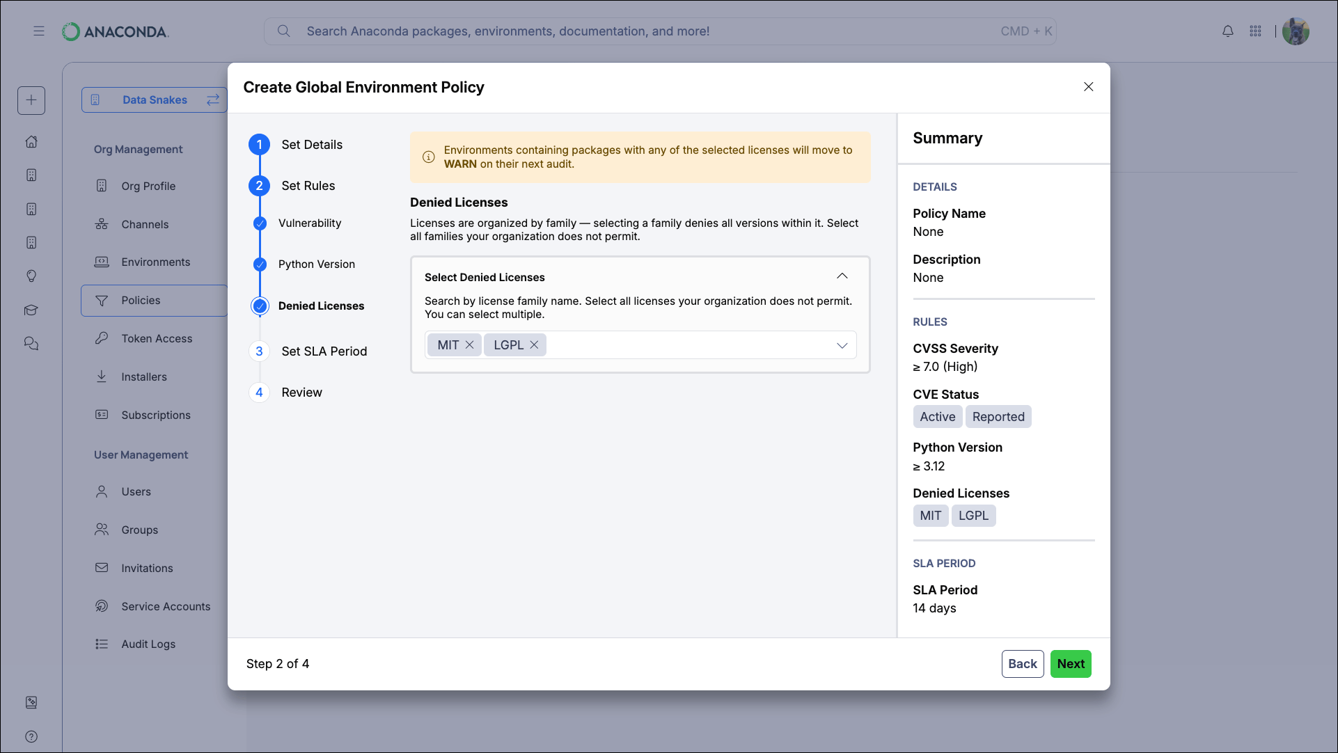 Denied Licenses rule configuration showing the license family multiselect dropdown