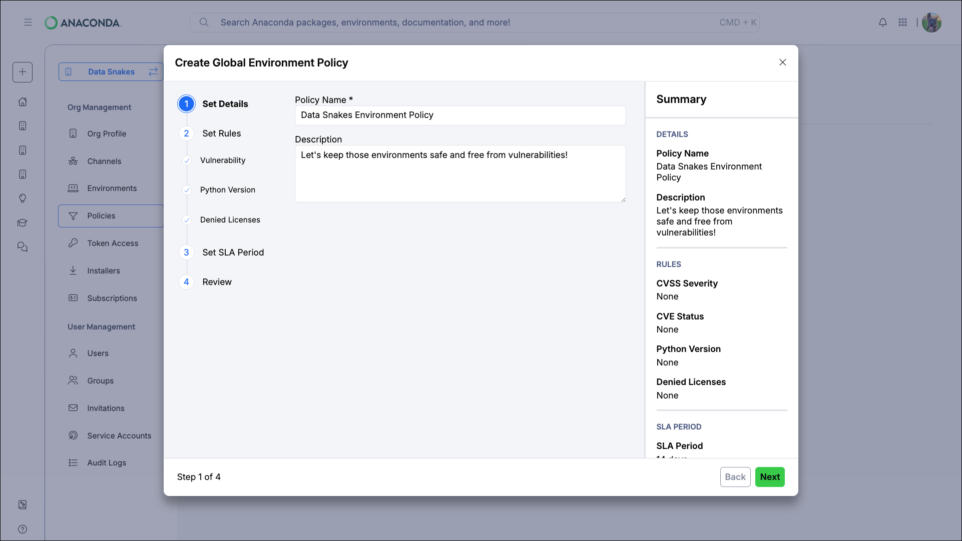 Policy Details step showing name and description fields
