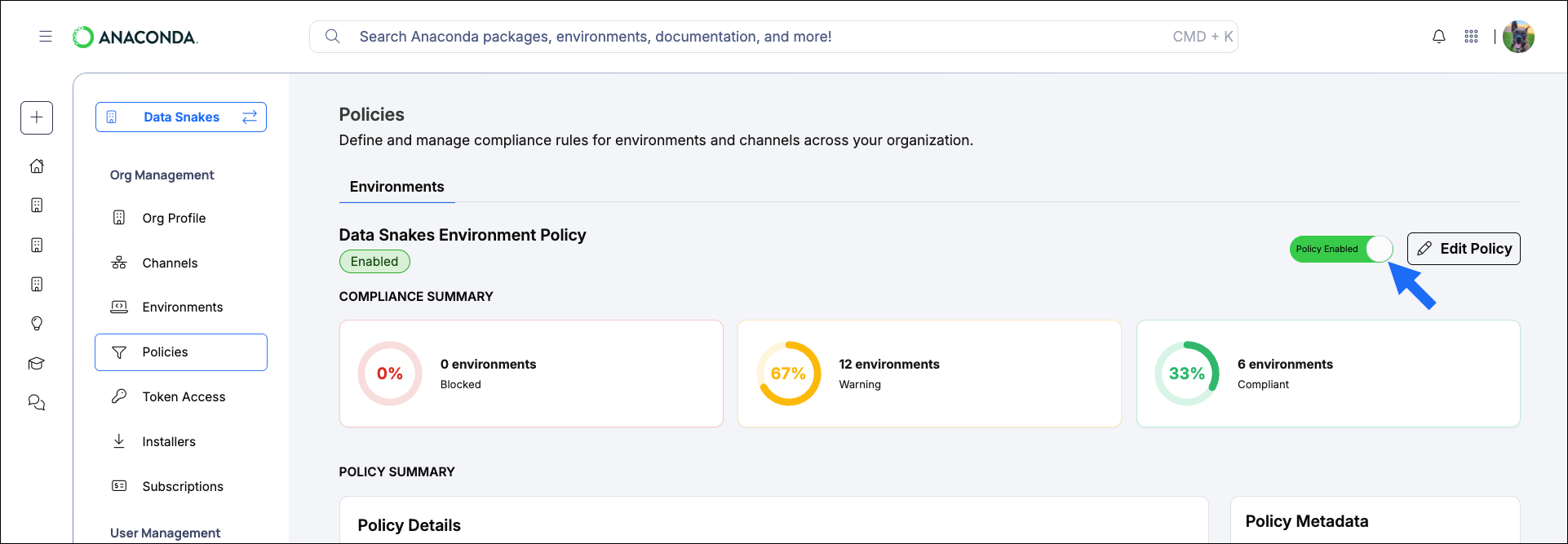 Toggle for enabling and disabling an environment policy