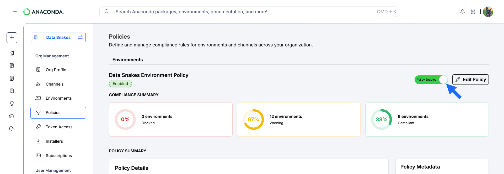 Toggle for enabling and disabling an environment policy