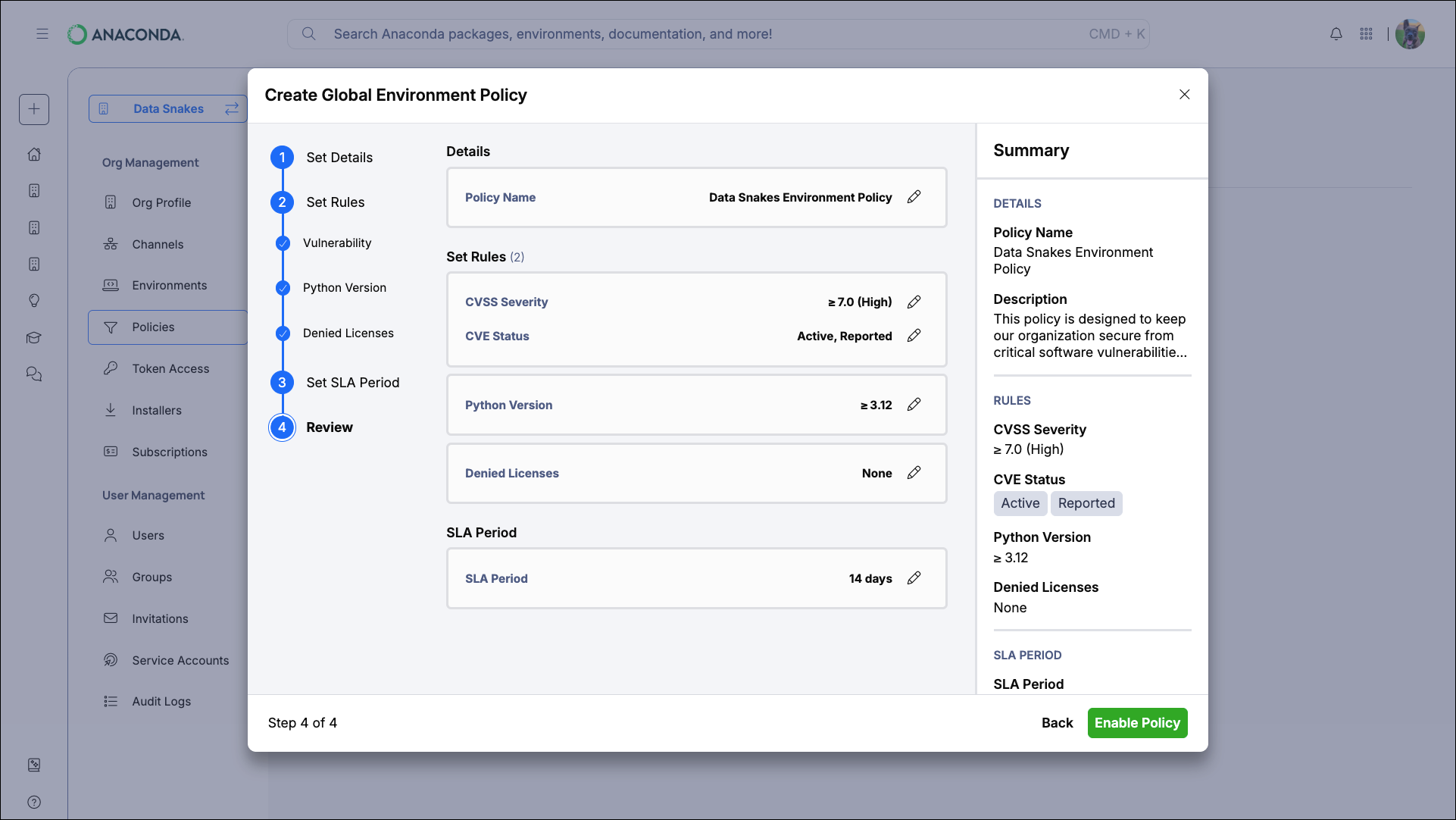 Review step showing policy summary with Details, Rules, and SLA Period sections