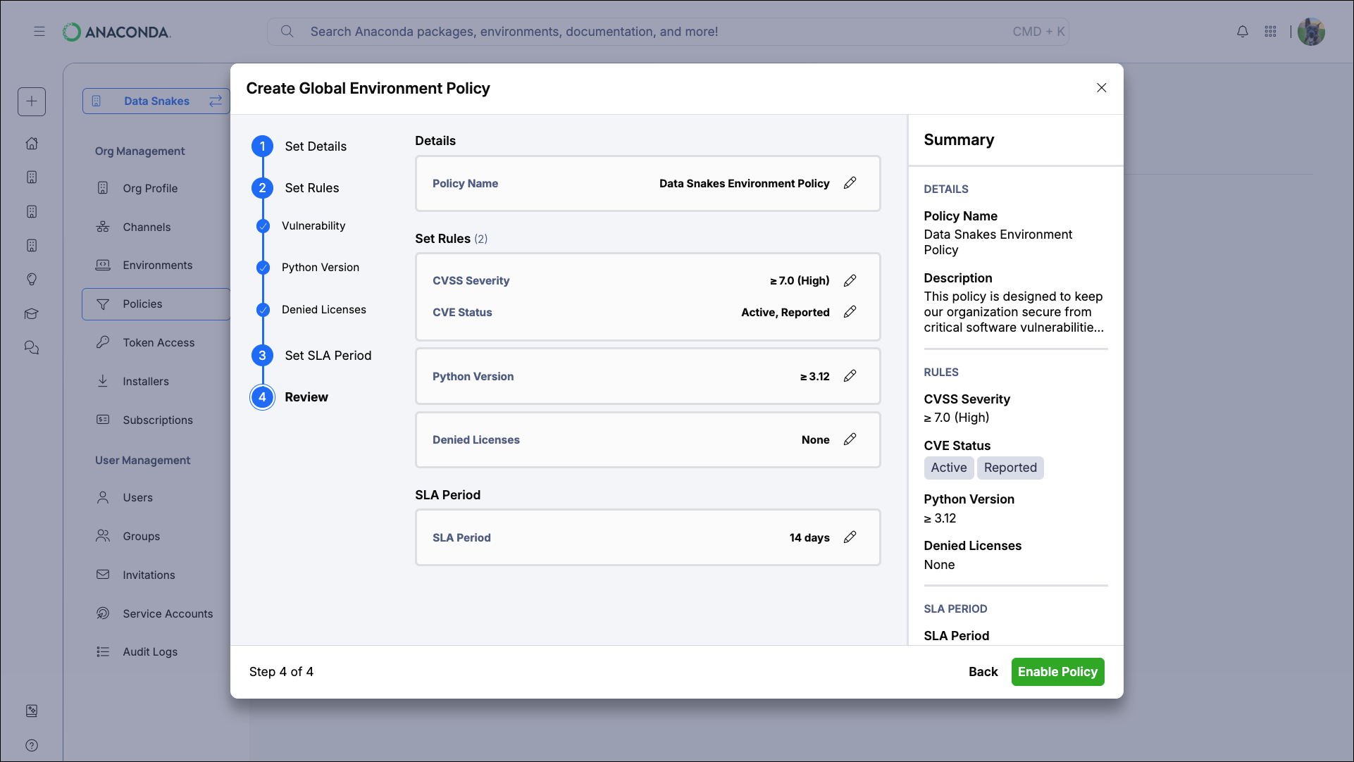 Review step showing policy summary with Details, Rules, and SLA Period sections