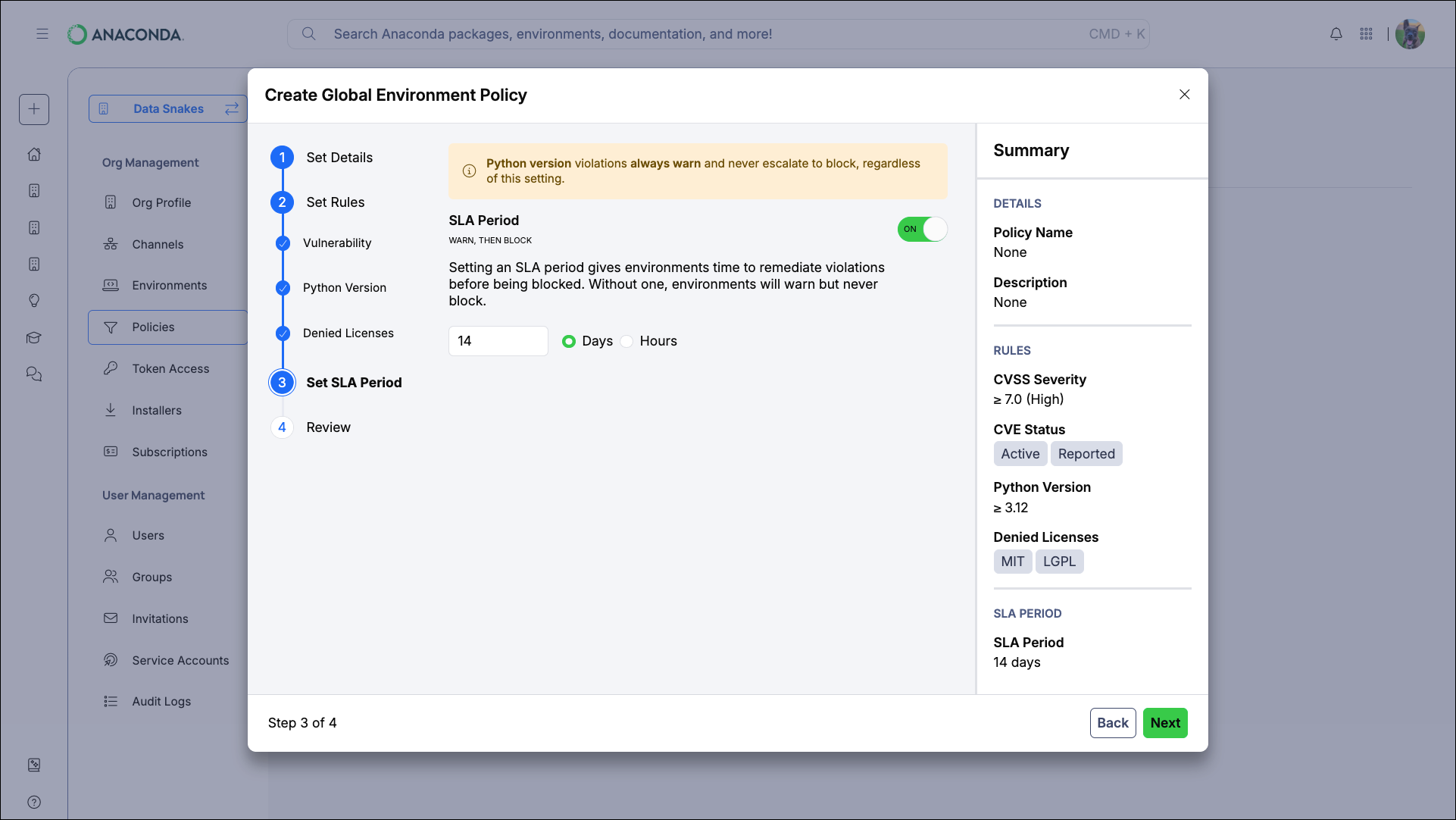 SLA Period configuration showing toggle, duration input, and days or hours selection