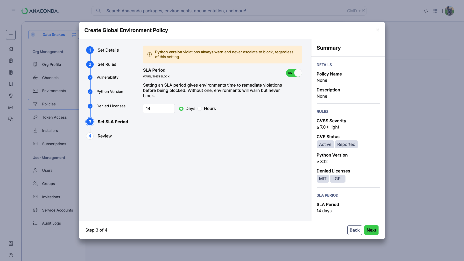 SLA Period configuration showing toggle, duration input, and days or hours selection