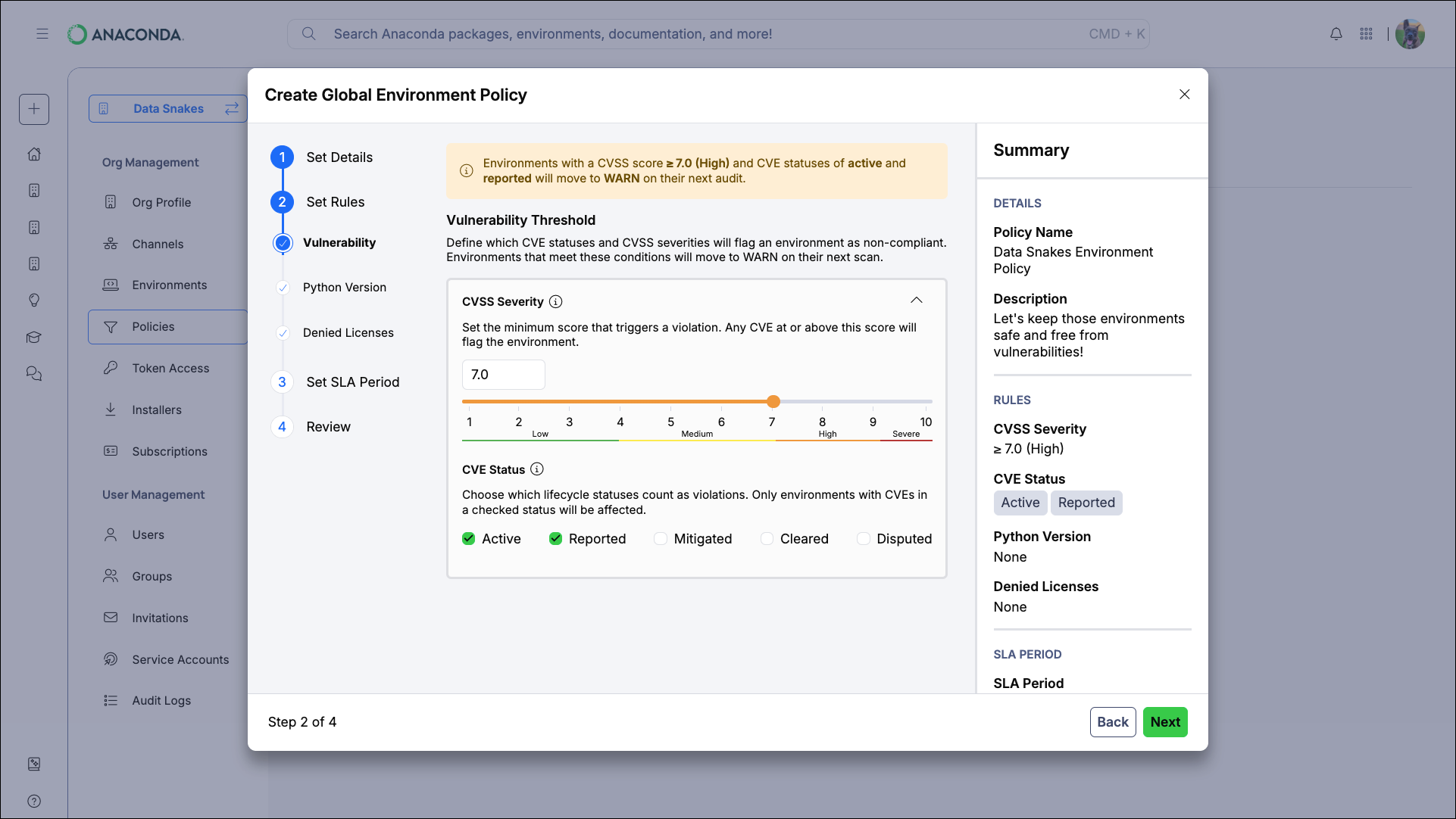 Vulnerability rule configuration showing CVSS slider and CVE Status checkboxes