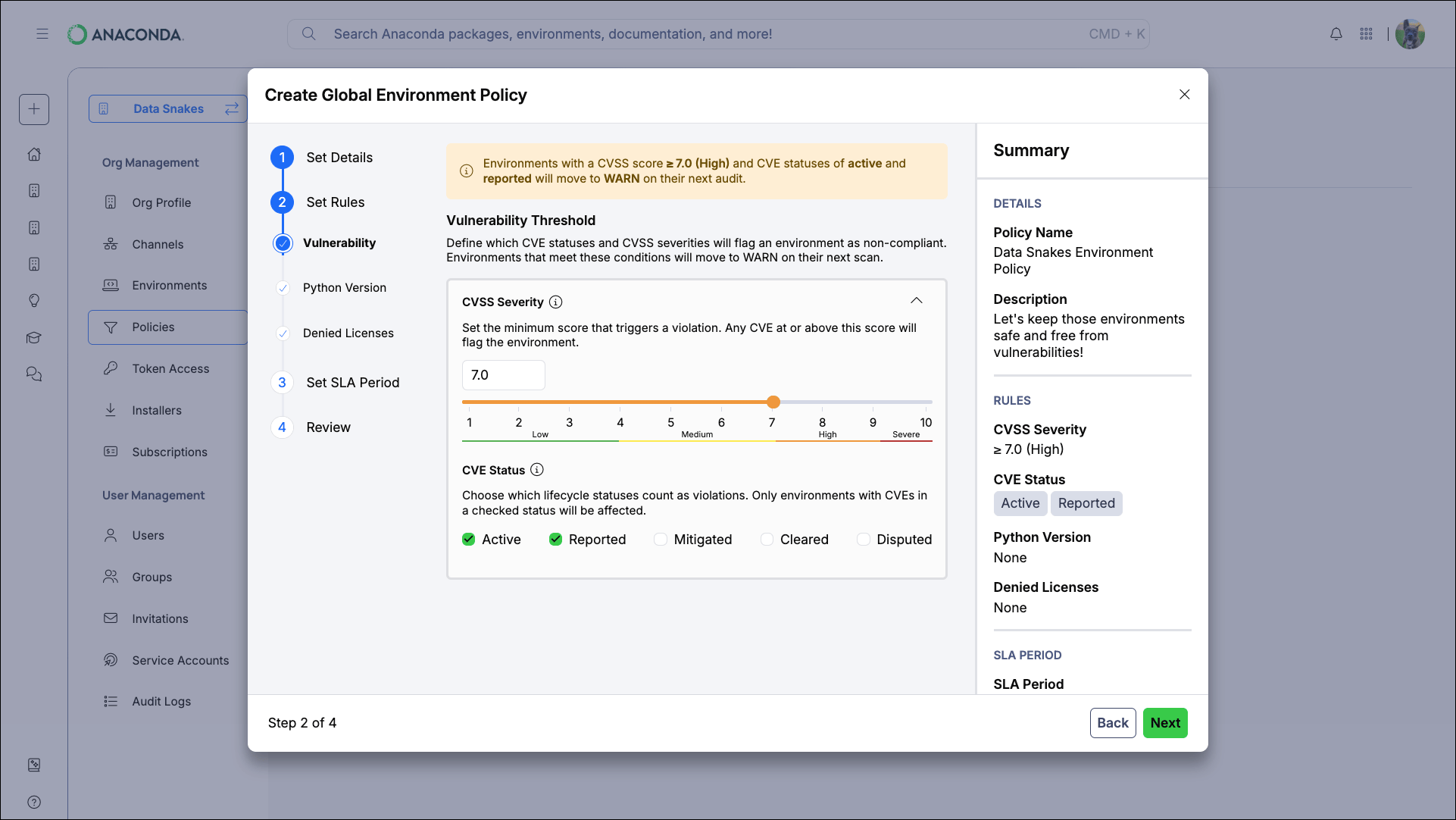 Vulnerability rule configuration showing CVSS slider and CVE Status checkboxes