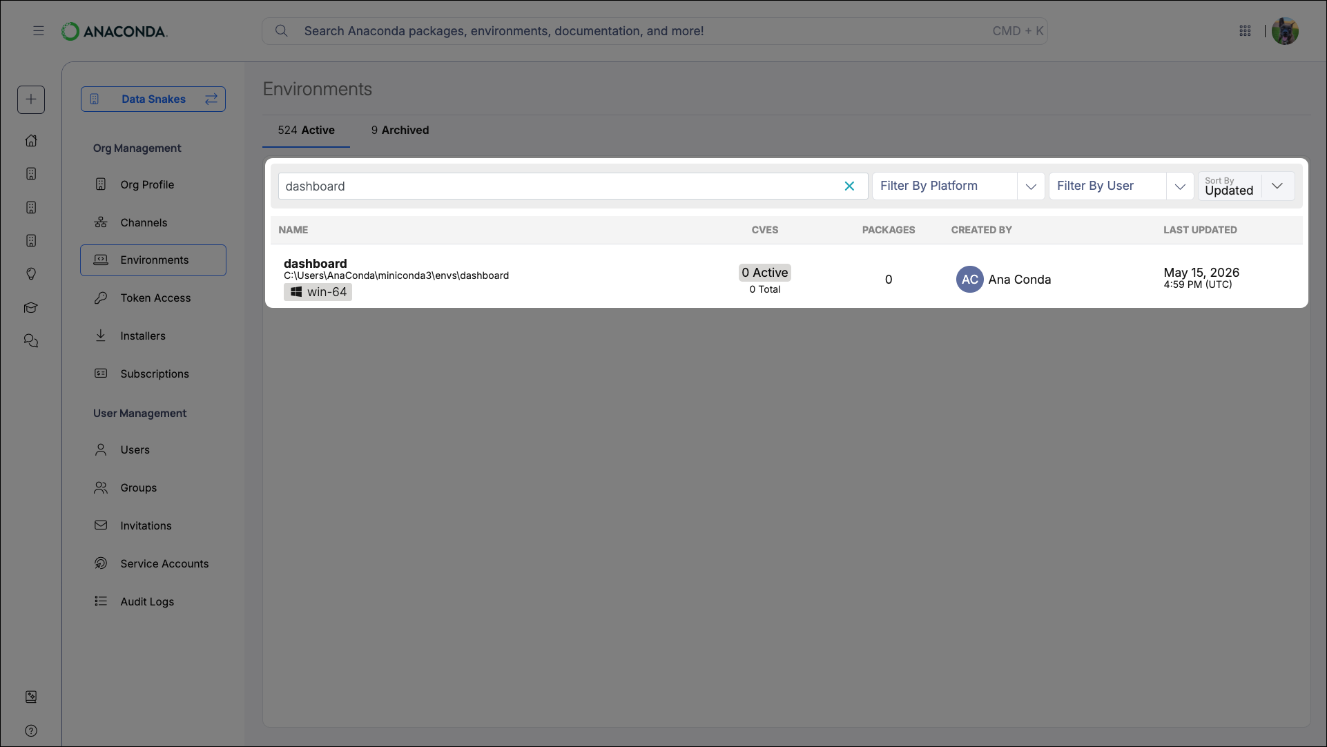 Environment search and filters