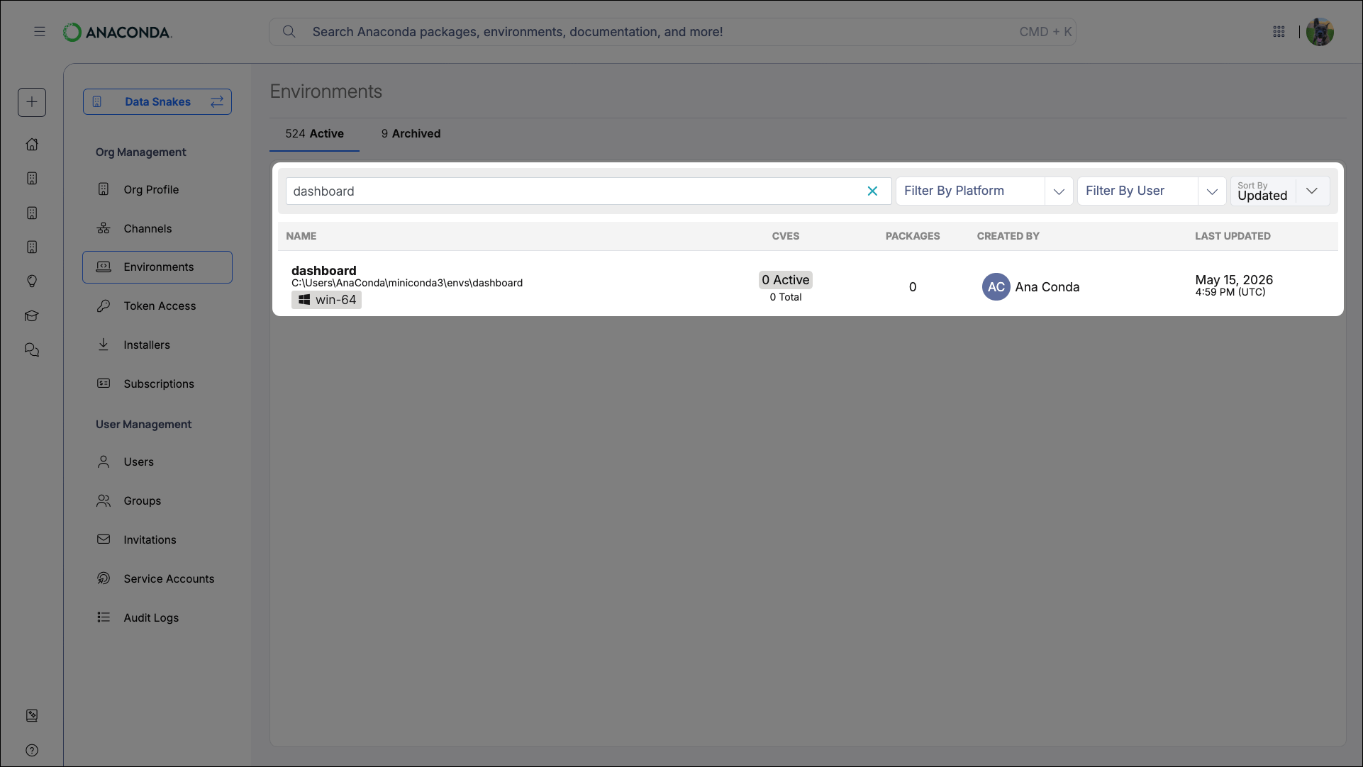 Environment search and filters