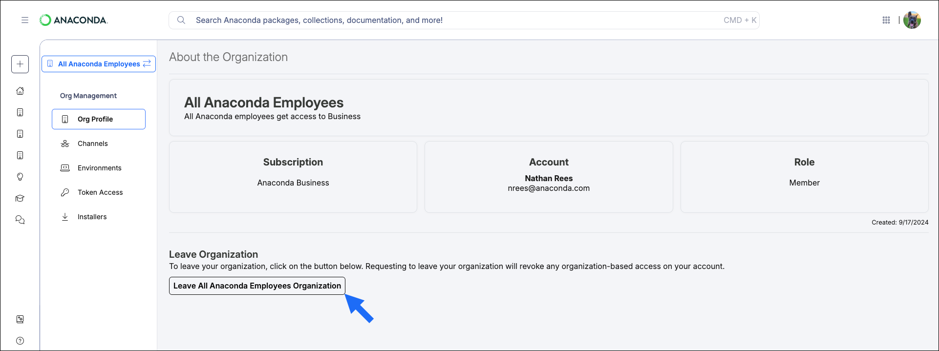 Leave organization button