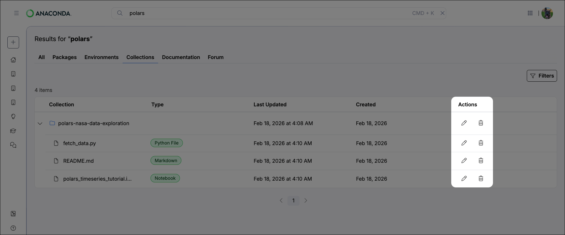 Action buttons for collection management