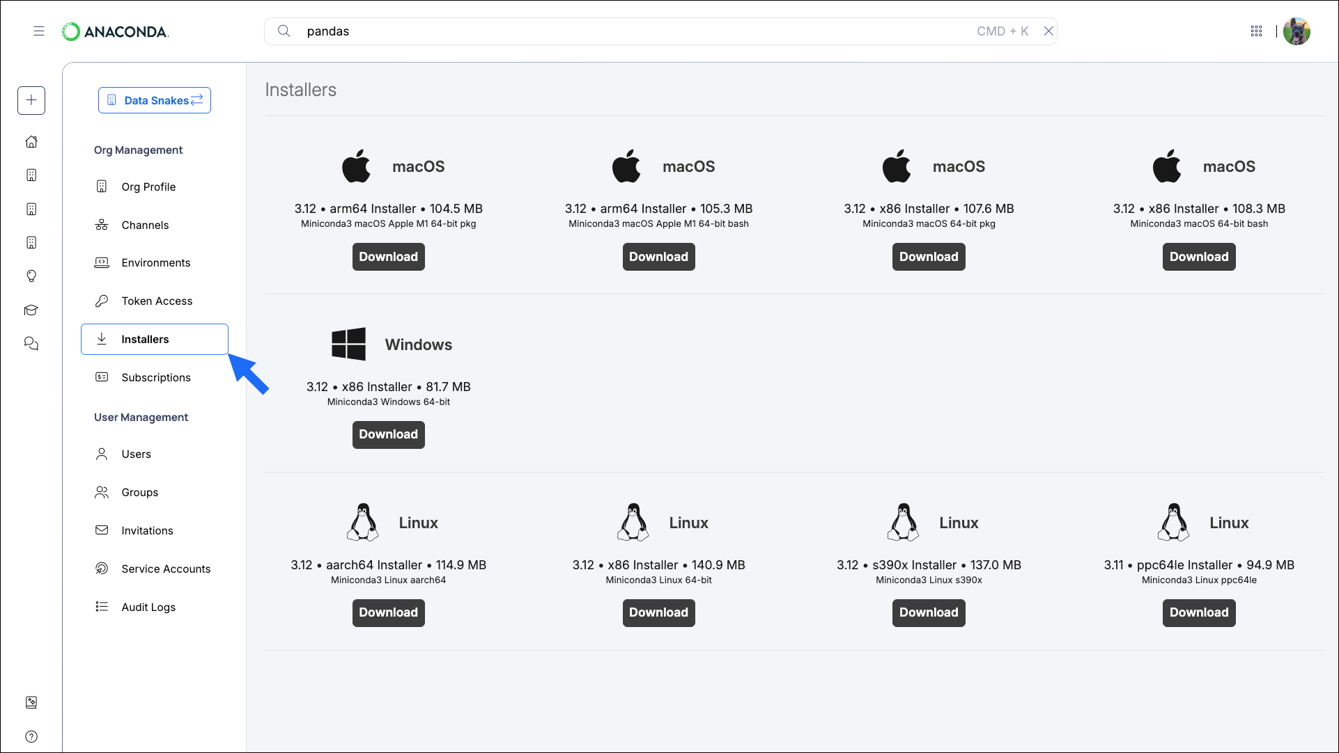 Anaconda Platform's hosted Miniconda installers