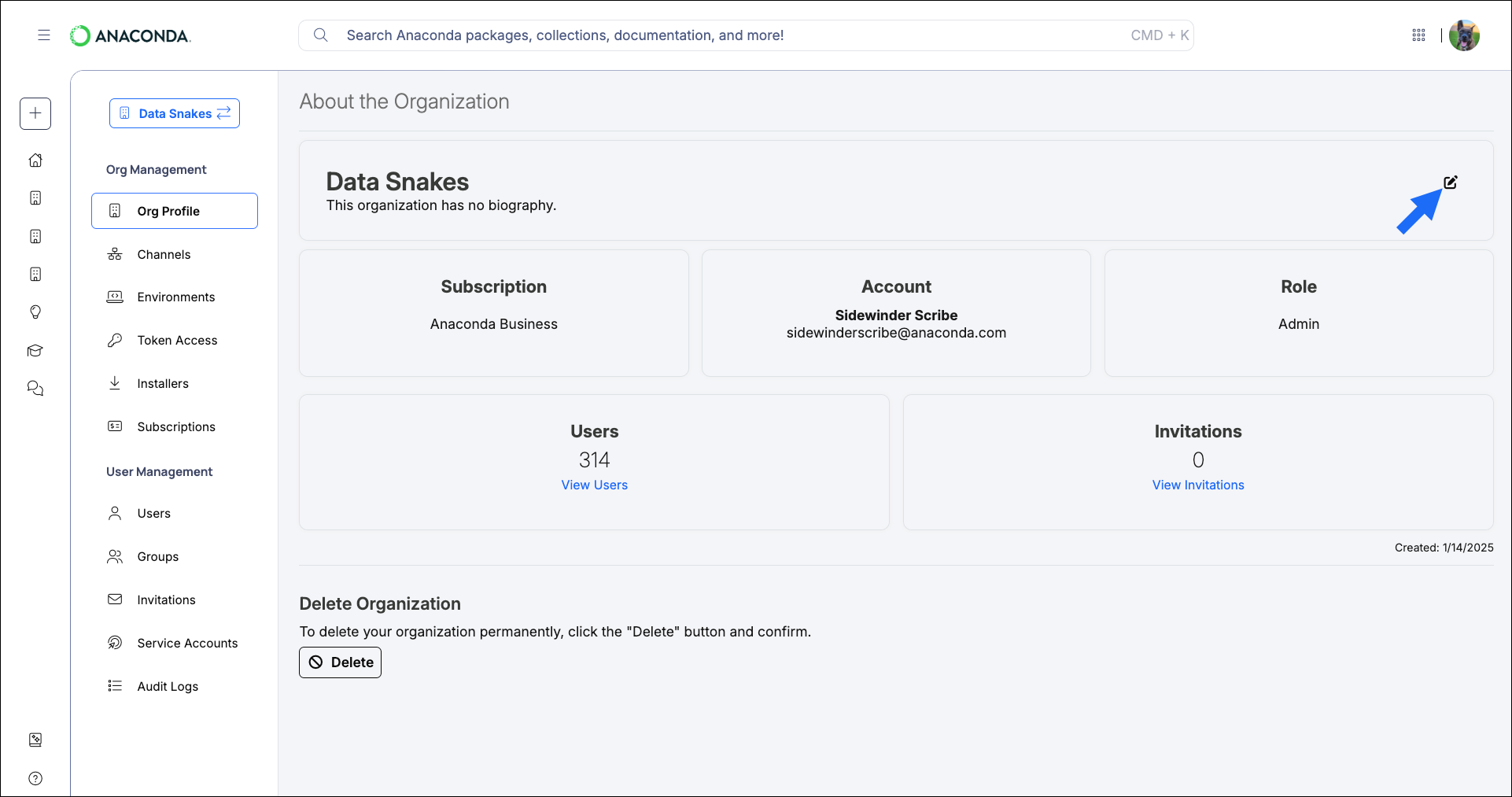 Edit organization settings button