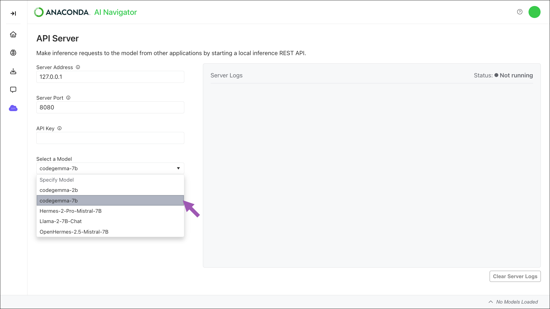 api server page specify model dropdown