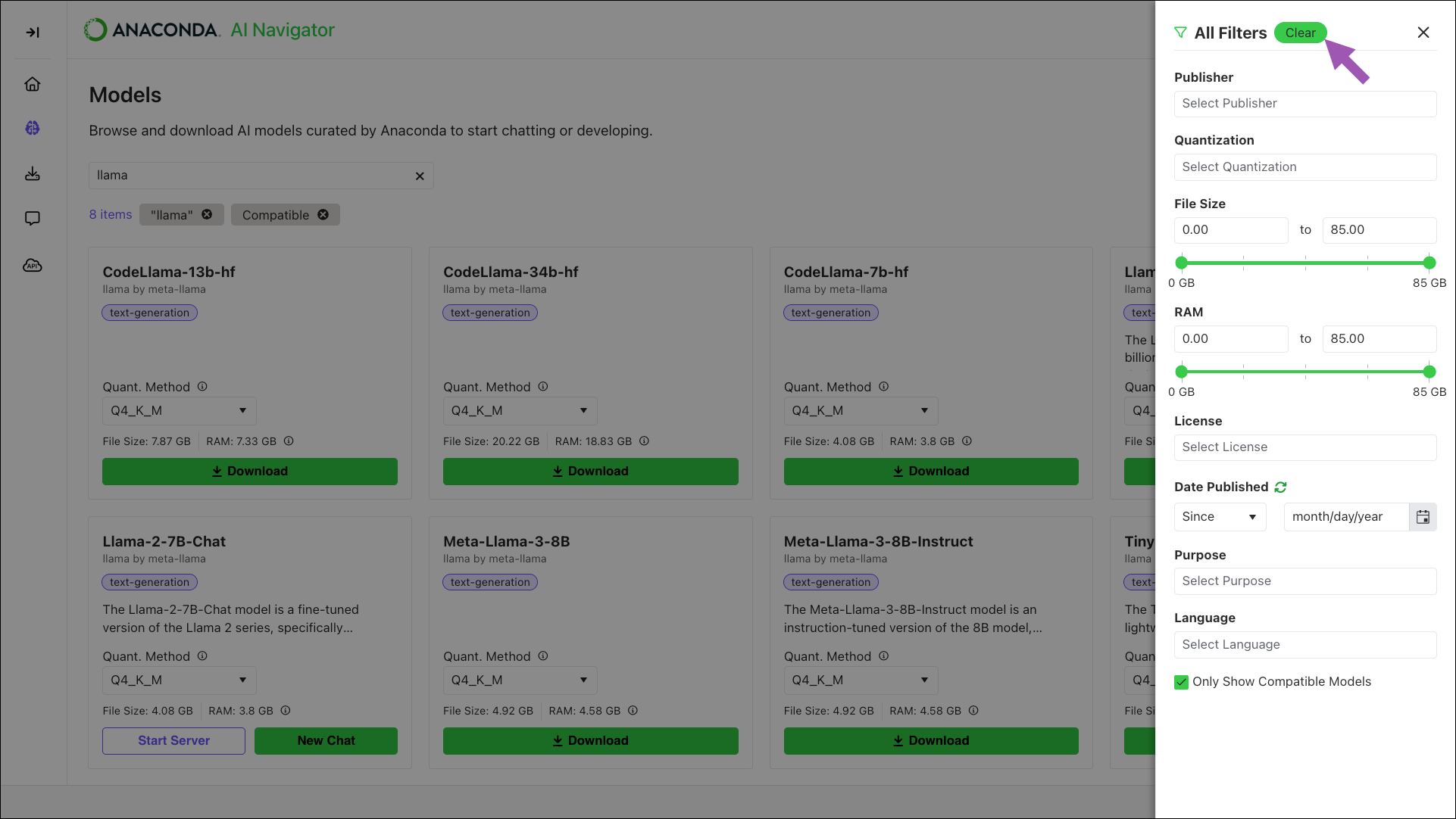 models page right-hand filters panel