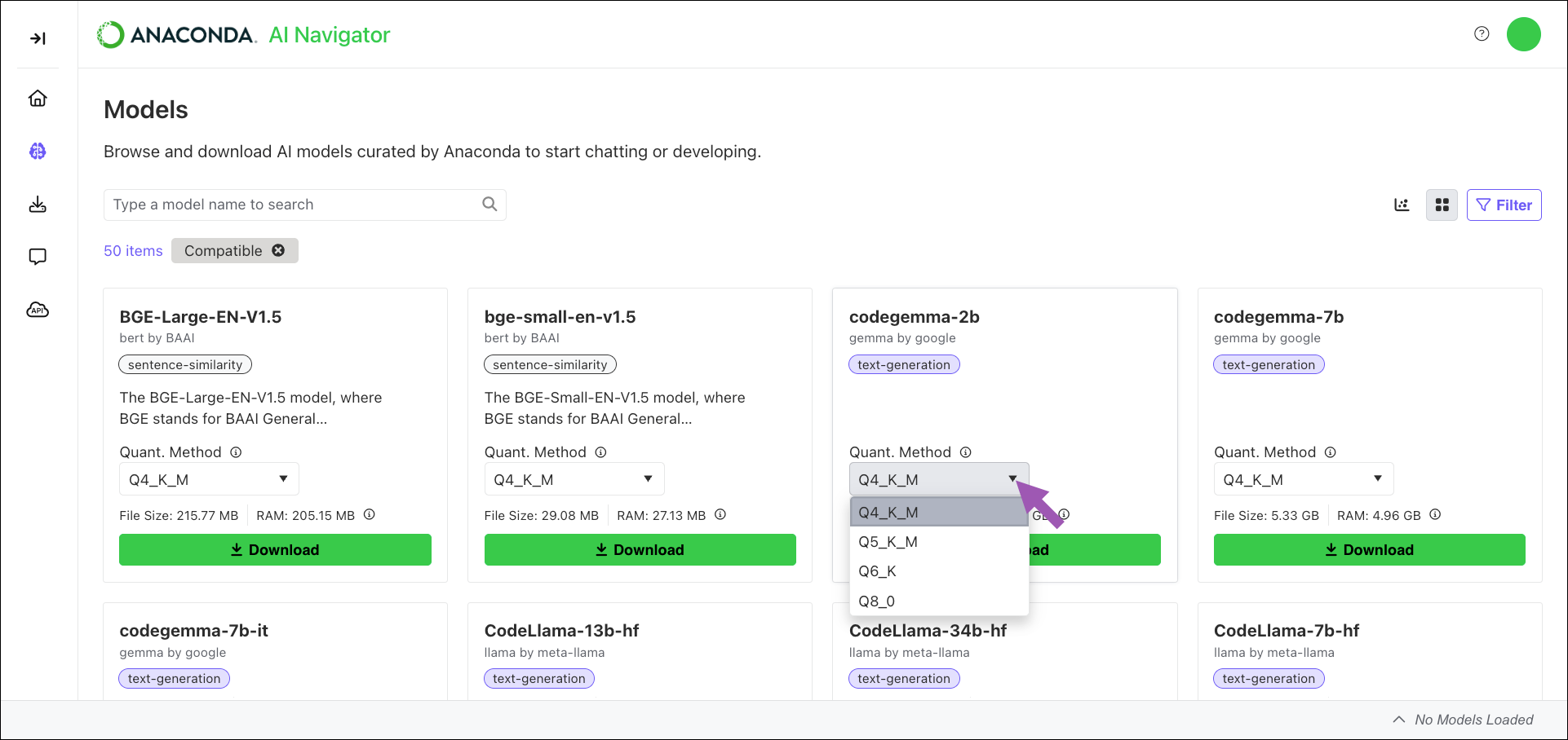 models page quantization method dropdown